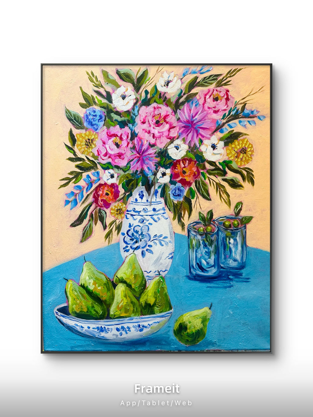 Print of an original mixed media painting-Pears and martini with flowers art print