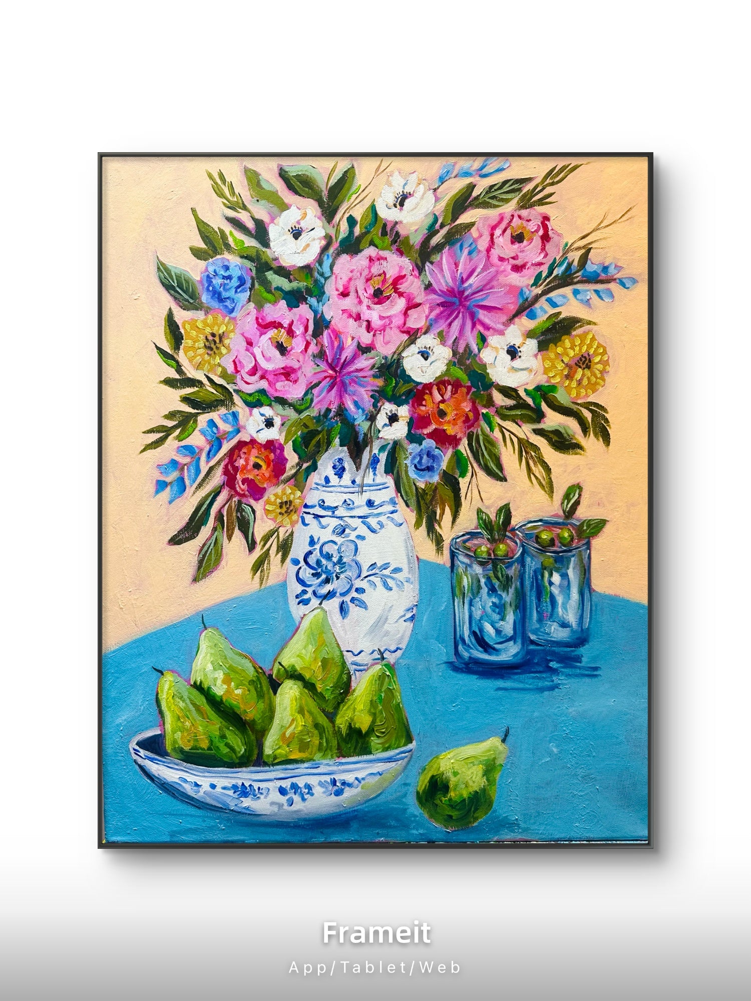 Print of an original mixed media painting-Pears and martini with flowers art print