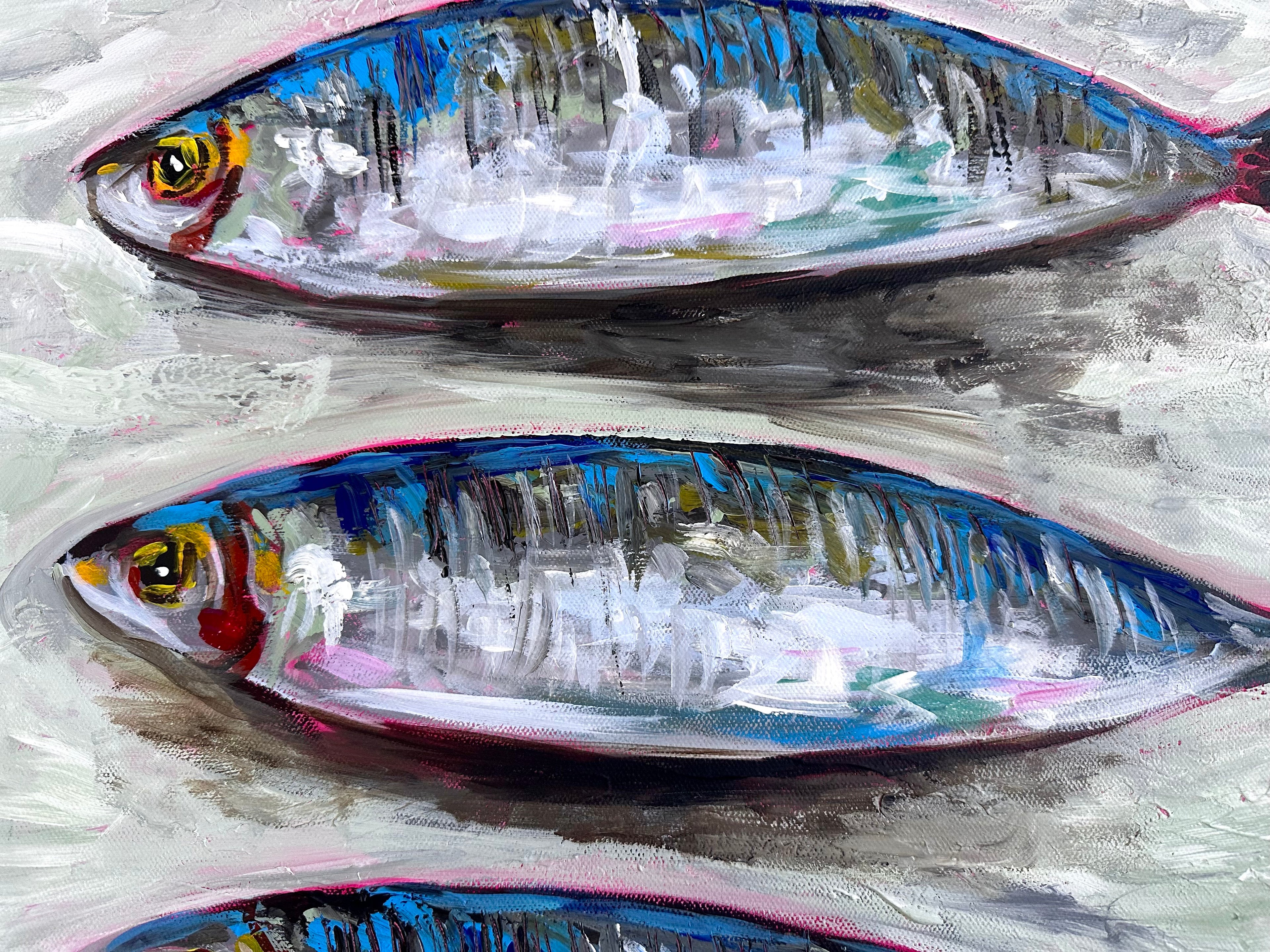 Three Sardines Original Acrylic Painting | Colourful Fish Art | Kitchen Wall Art | Textured Impasto Artwork