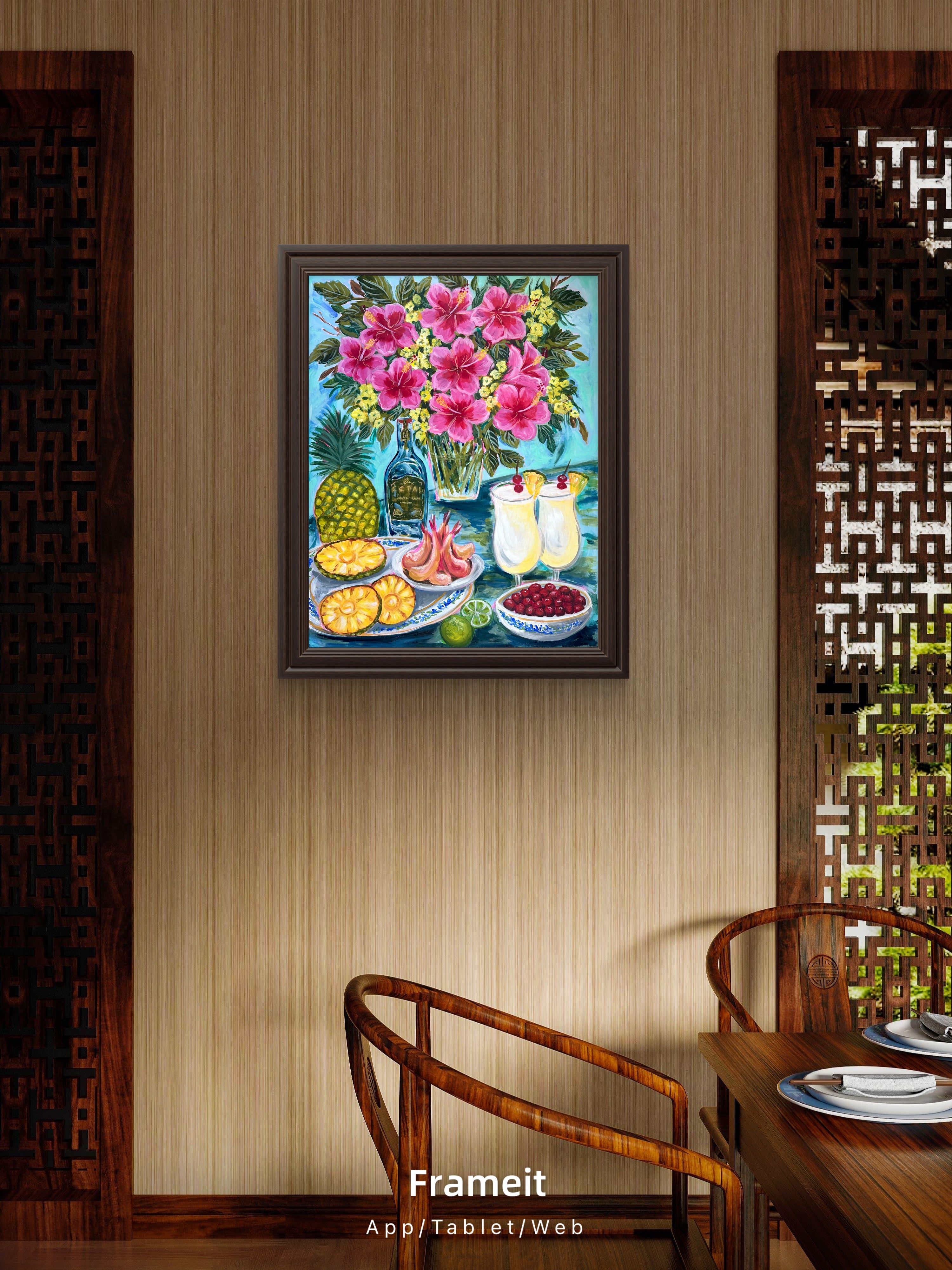 Tropical Hibiscus & Pina colada Still Life Painting - Colorful Fruit Cocktail Art