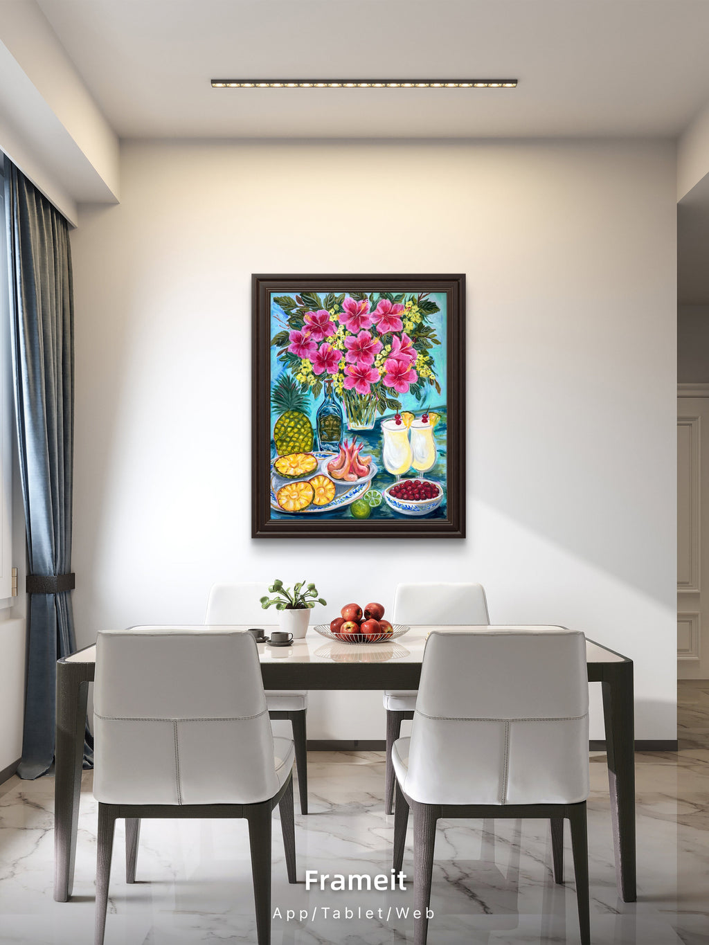 Tropical Hibiscus & Pina colada Still Life Painting - Colorful Fruit Cocktail Art