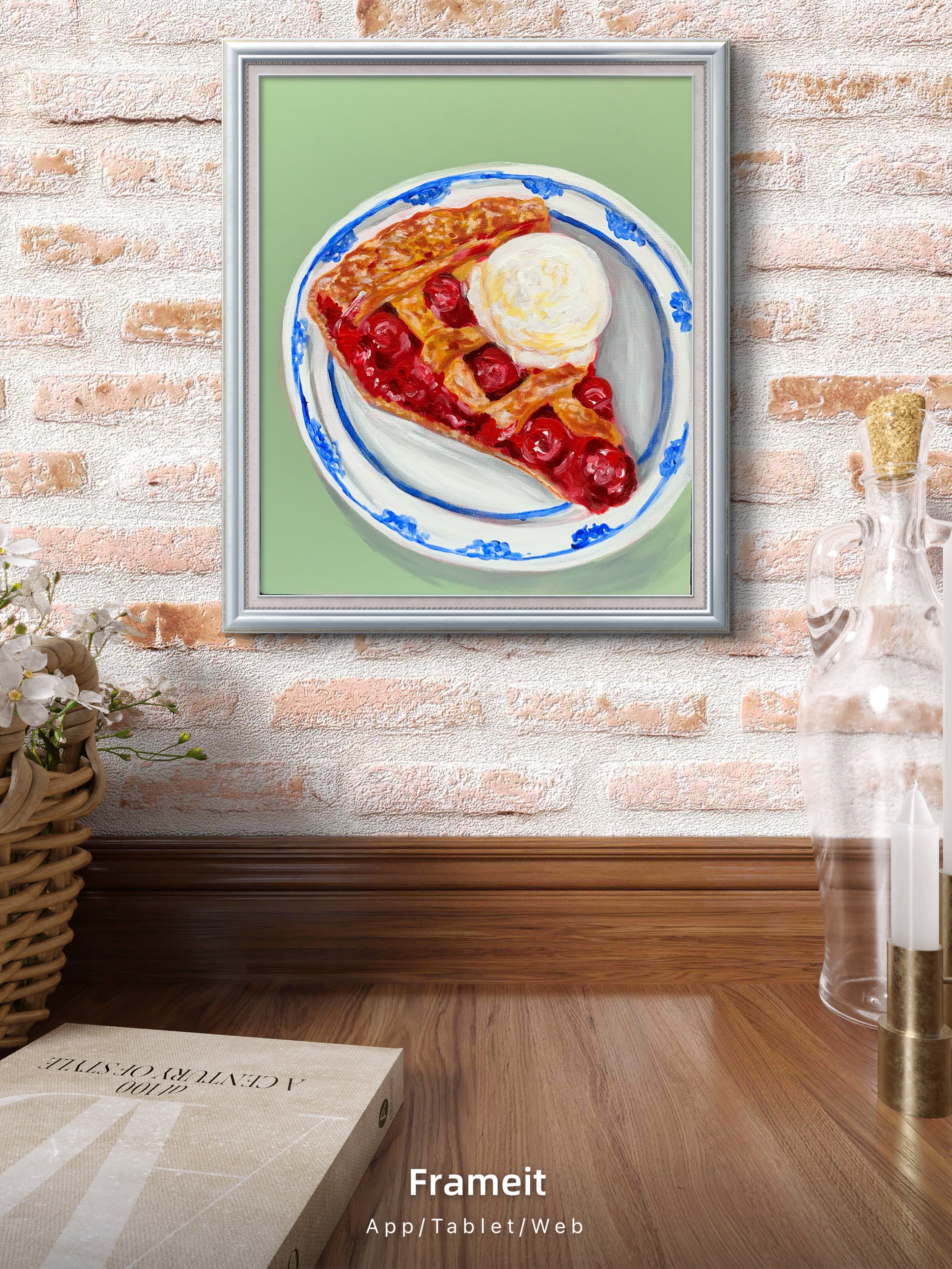 Original Cherry Pie Ice Cream Painting | Mixed Media Dessert Food Art