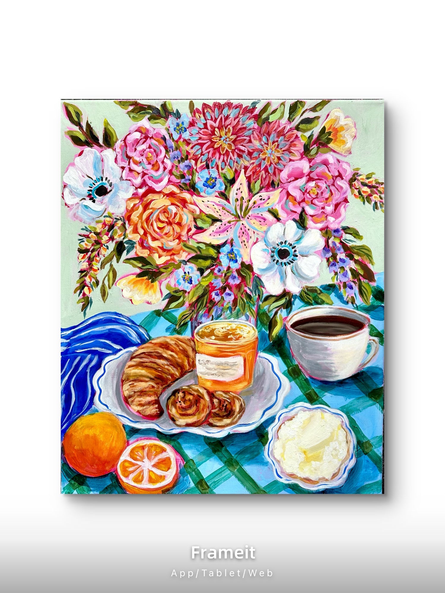 Original Mixed Media Painting: Coffee, Croissant, Flowers, Orange | Bright Kitchen Wall Art