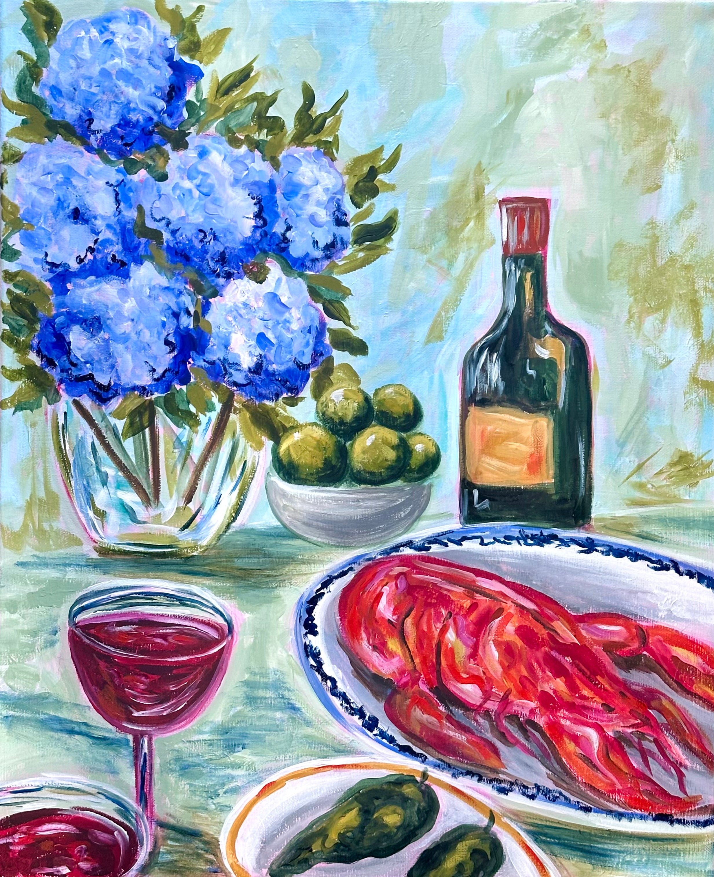 Blue Hydrangea & Lobster Still Life | Bold Colourful Acrylic Painting | Coastal Kitchen Art | Original Artwork