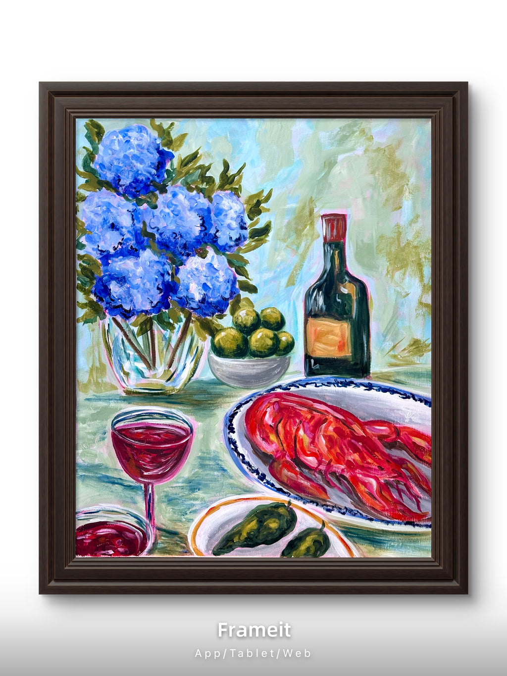 Blue Hydrangea & Lobster Still Life | Bold Colourful Acrylic Painting | Coastal Kitchen Art | Original Artwork