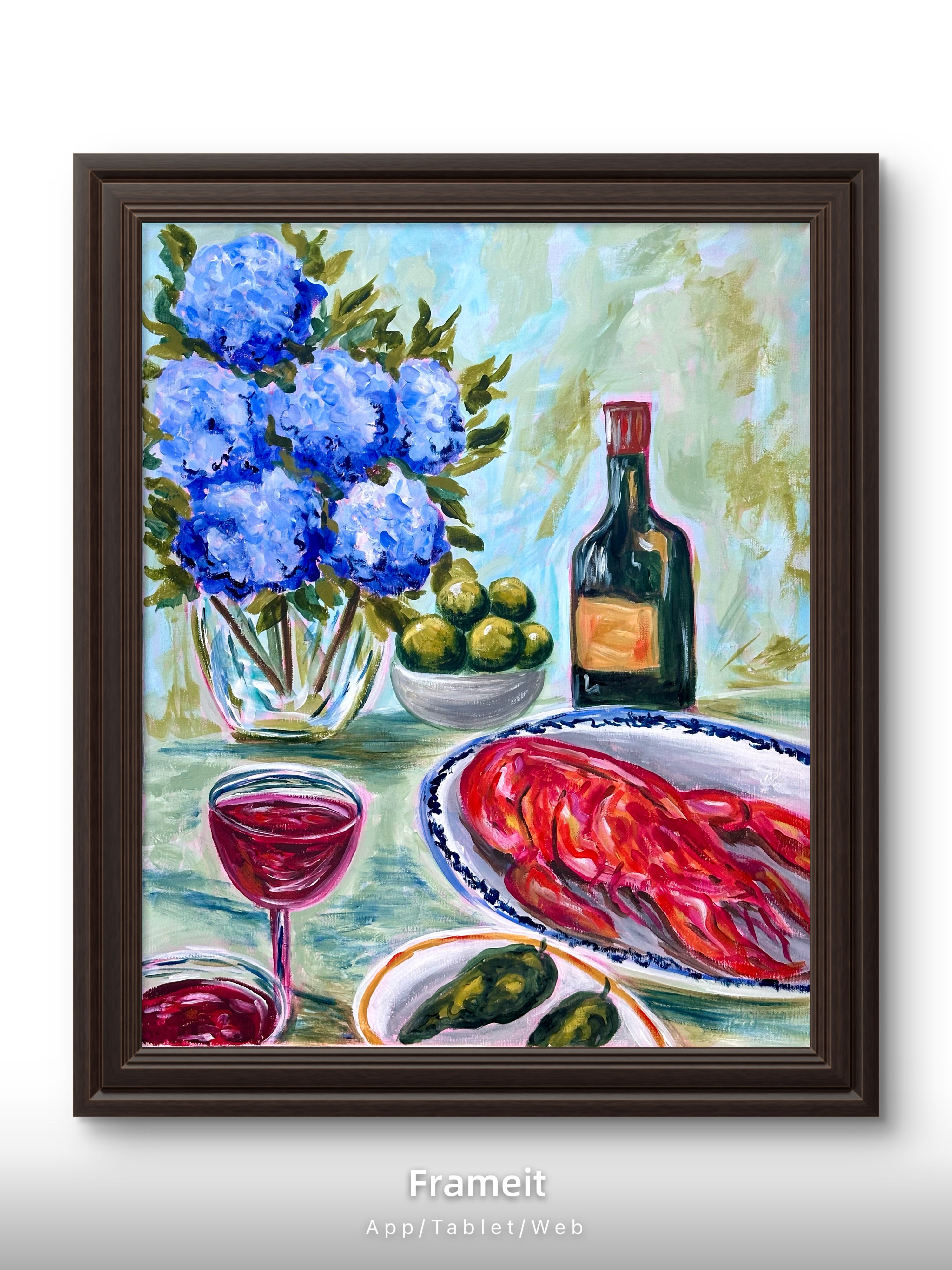 Blue Hydrangea & Lobster Still Life | Bold Colourful Acrylic Painting | Coastal Kitchen Art | Original Artwork