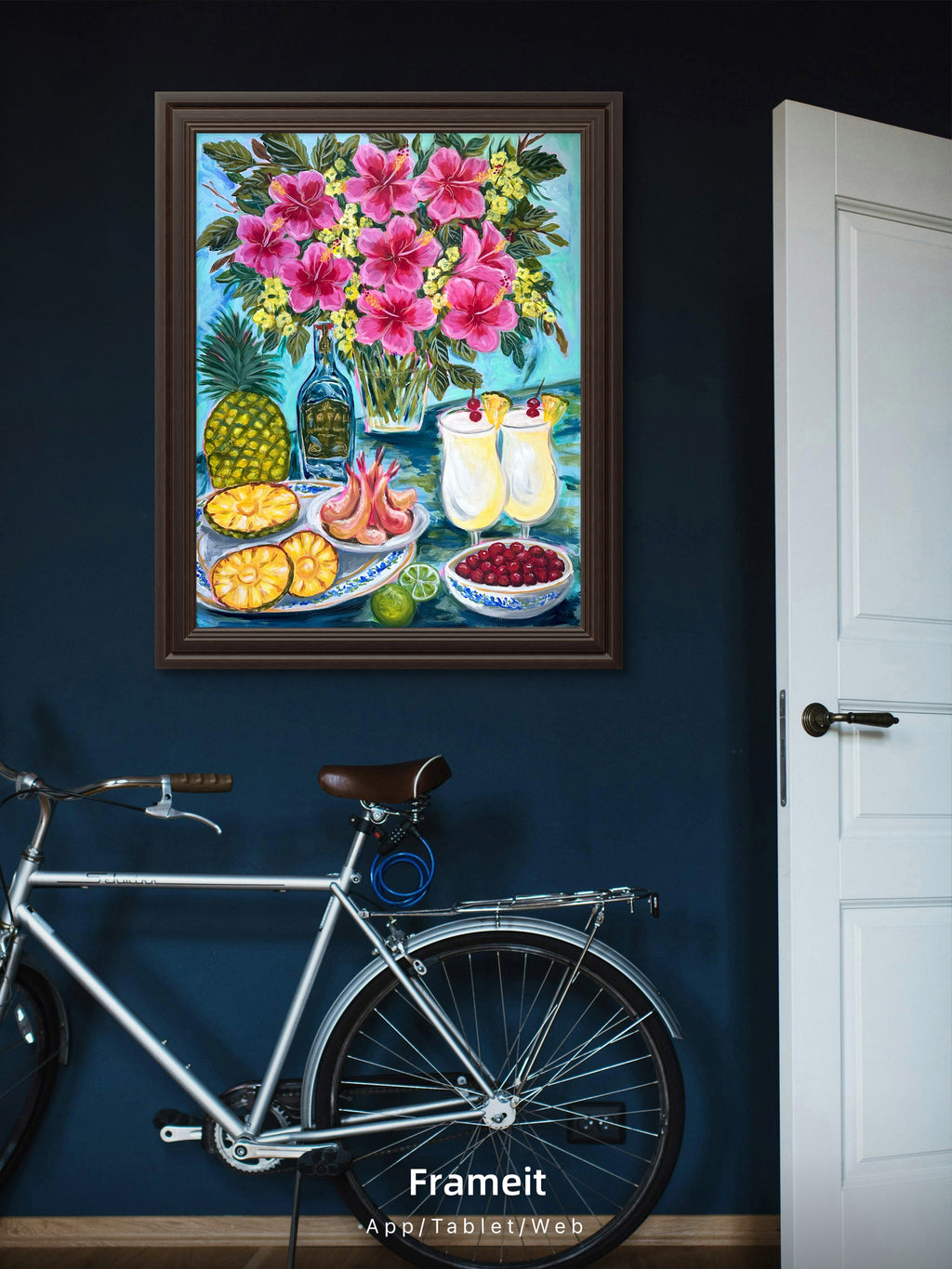 Tropical Hibiscus & Pina colada Still Life Painting - Colorful Fruit Cocktail Art