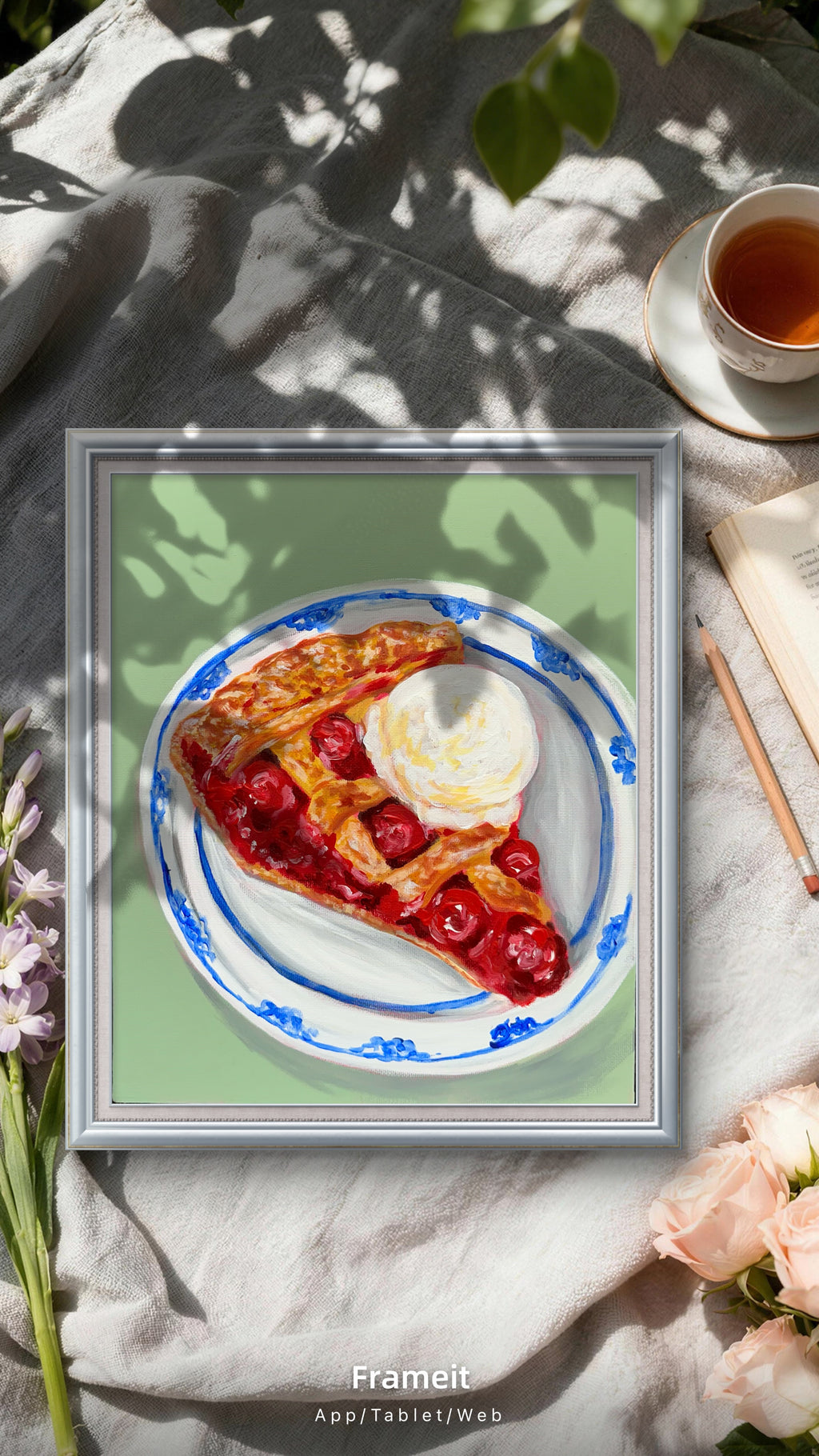 Original Cherry Pie Ice Cream Painting | Mixed Media Dessert Food Art