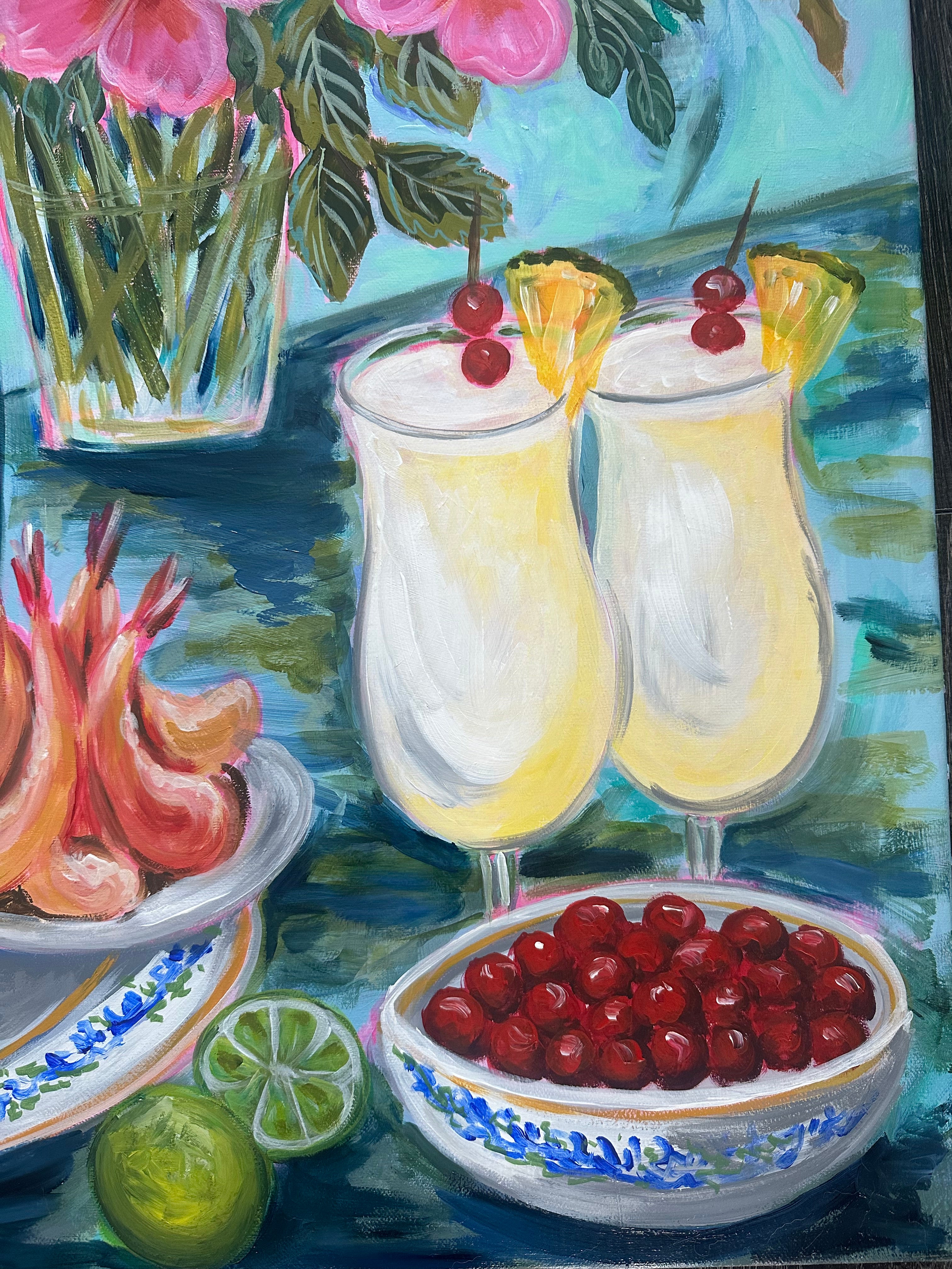 Tropical Hibiscus & Pina colada Still Life Painting - Colorful Fruit Cocktail Art