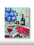 Blue Hydrangea & Lobster Still Life | Bold Colourful Acrylic Painting | Coastal Kitchen Art | Original Artwork