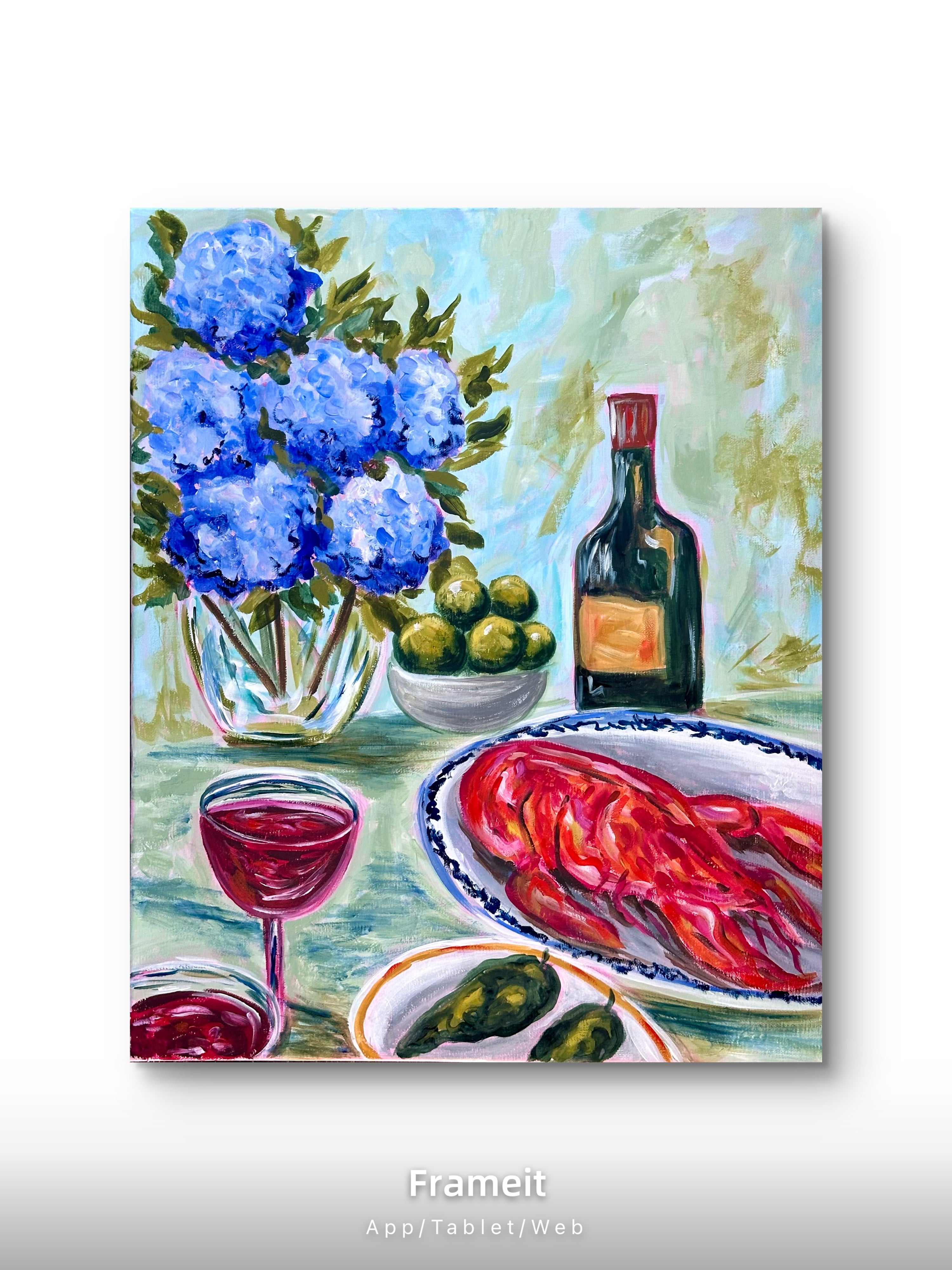 Blue Hydrangea & Lobster Still Life | Bold Colourful Acrylic Painting | Coastal Kitchen Art | Original Artwork