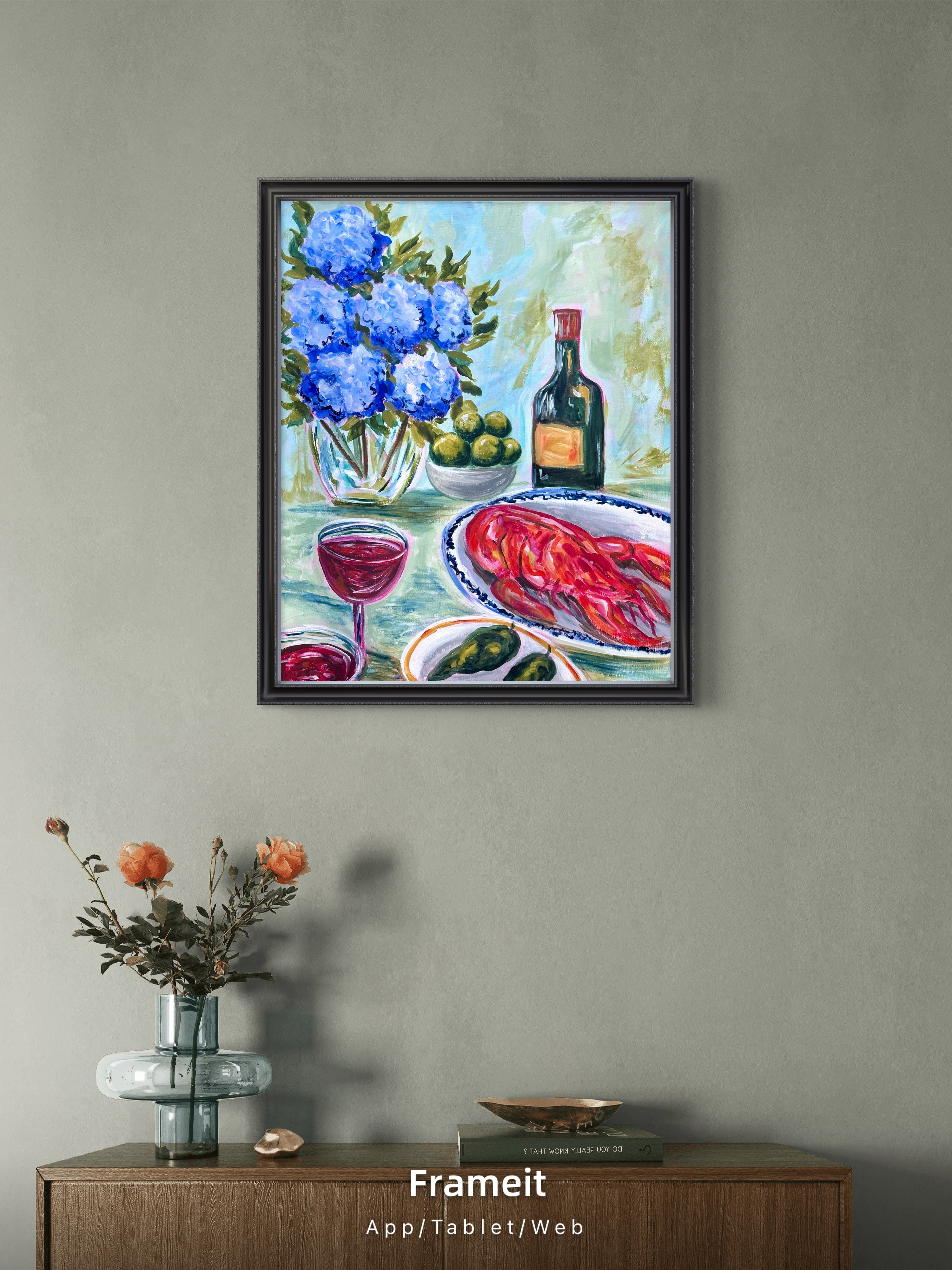 Blue Hydrangea & Lobster Still Life | Bold Colourful Acrylic Painting | Coastal Kitchen Art | Original Artwork