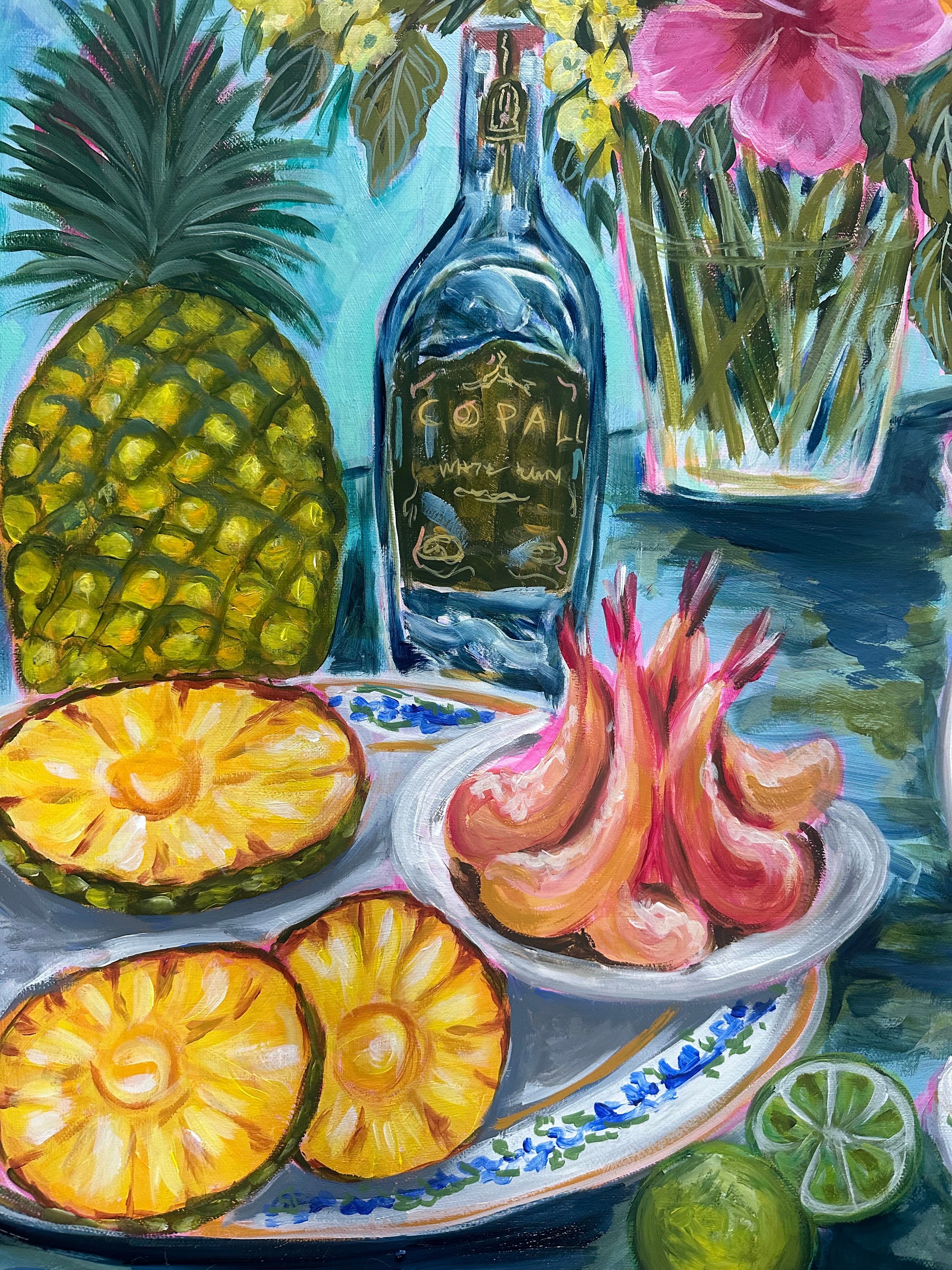 Tropical Hibiscus & Pina colada Still Life Painting - Colorful Fruit Cocktail Art
