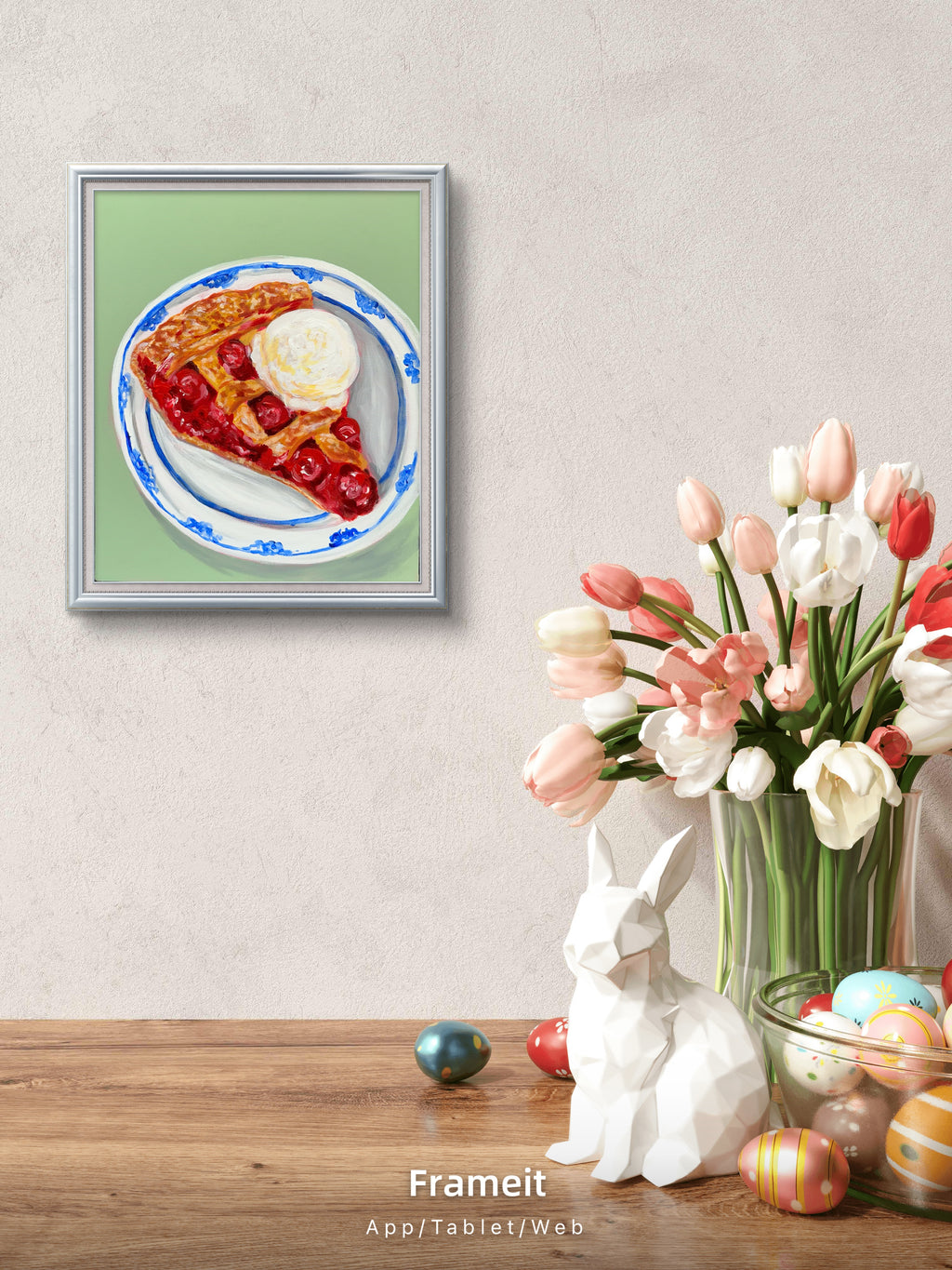Original Cherry Pie Ice Cream Painting | Mixed Media Dessert Food Art