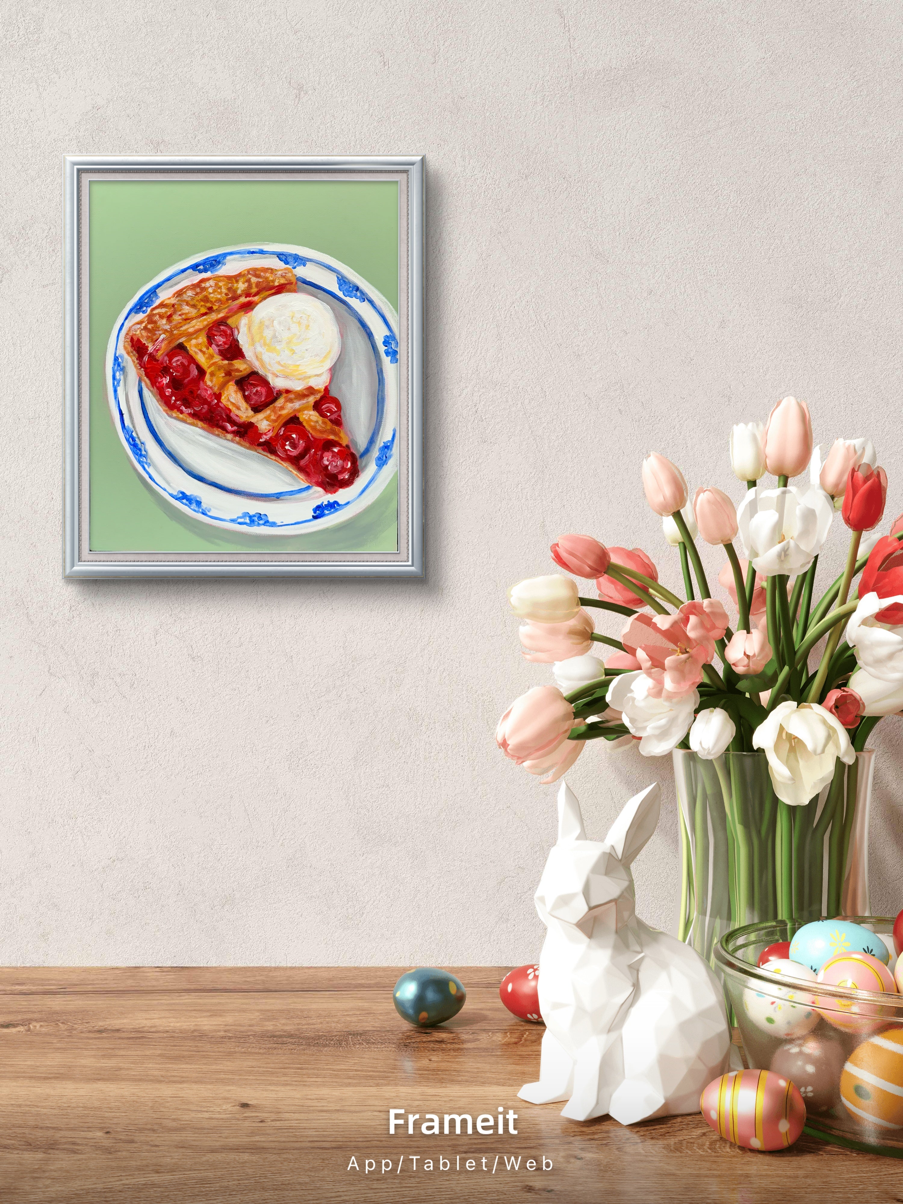 Original Cherry Pie Ice Cream Painting | Mixed Media Dessert Food Art