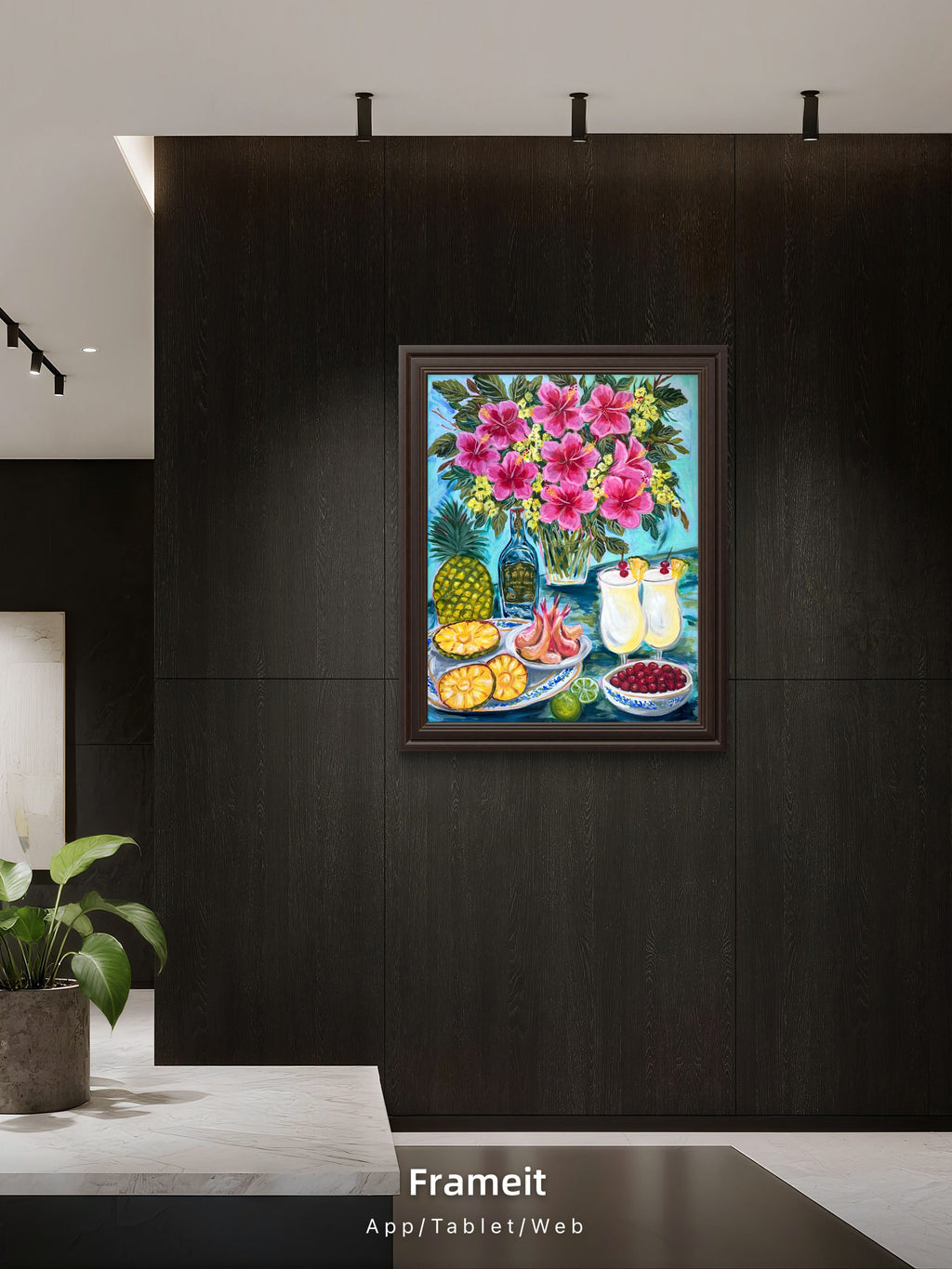 Tropical Hibiscus & Pina colada Still Life Painting - Colorful Fruit Cocktail Art
