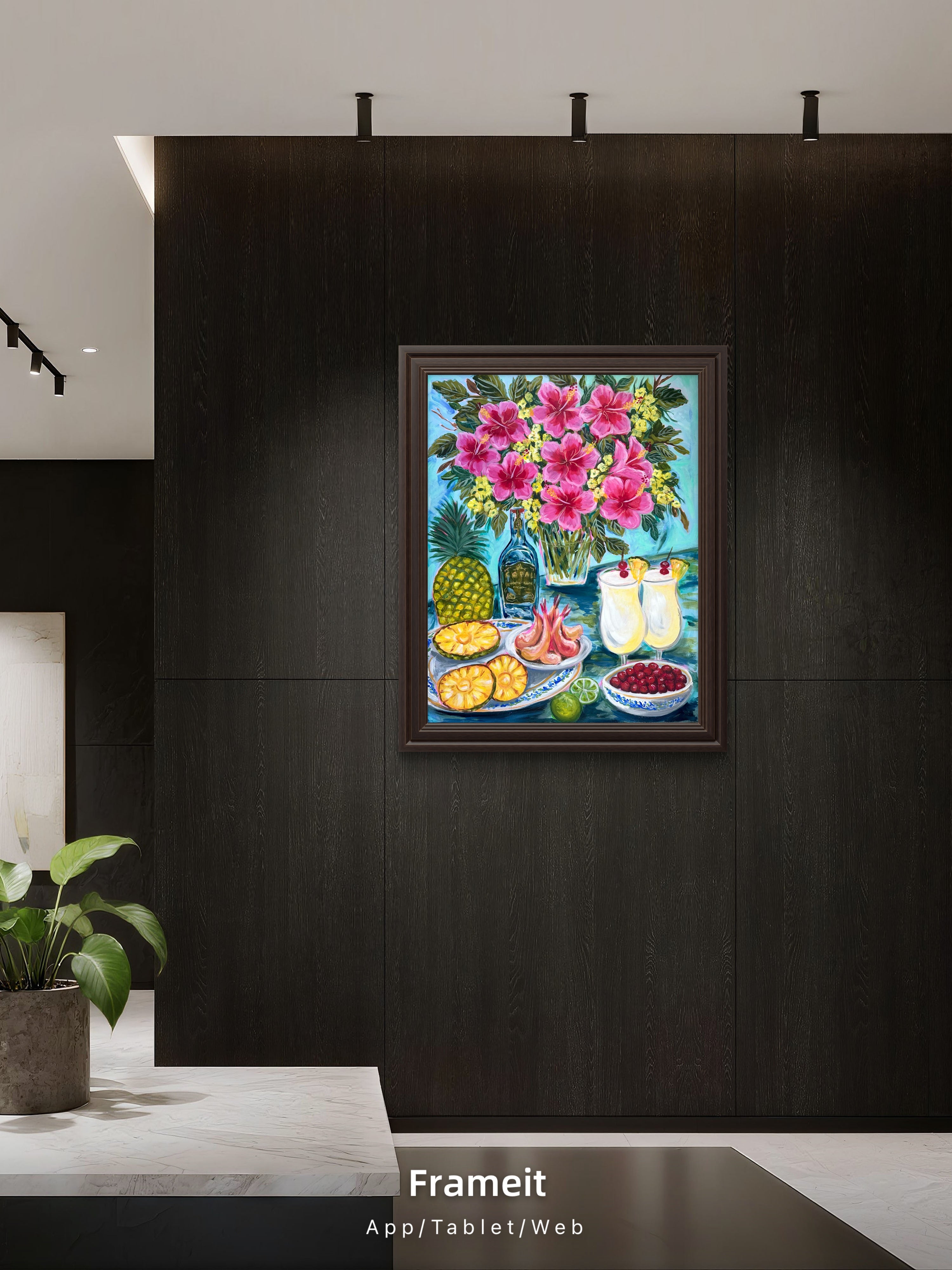 Tropical Hibiscus & Pina colada Still Life Painting - Colorful Fruit Cocktail Art