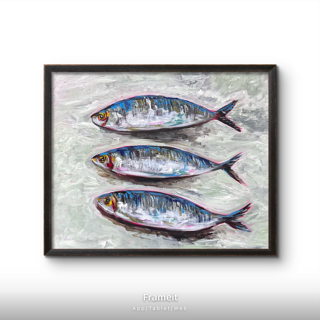 Three Sardines Original Acrylic Painting | Colourful Fish Art | Kitchen Wall Art | Textured Impasto Artwork