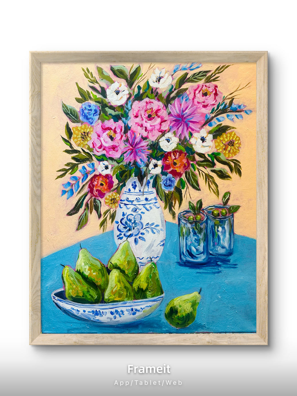 Print of an original mixed media painting-Pears and martini with flowers art print