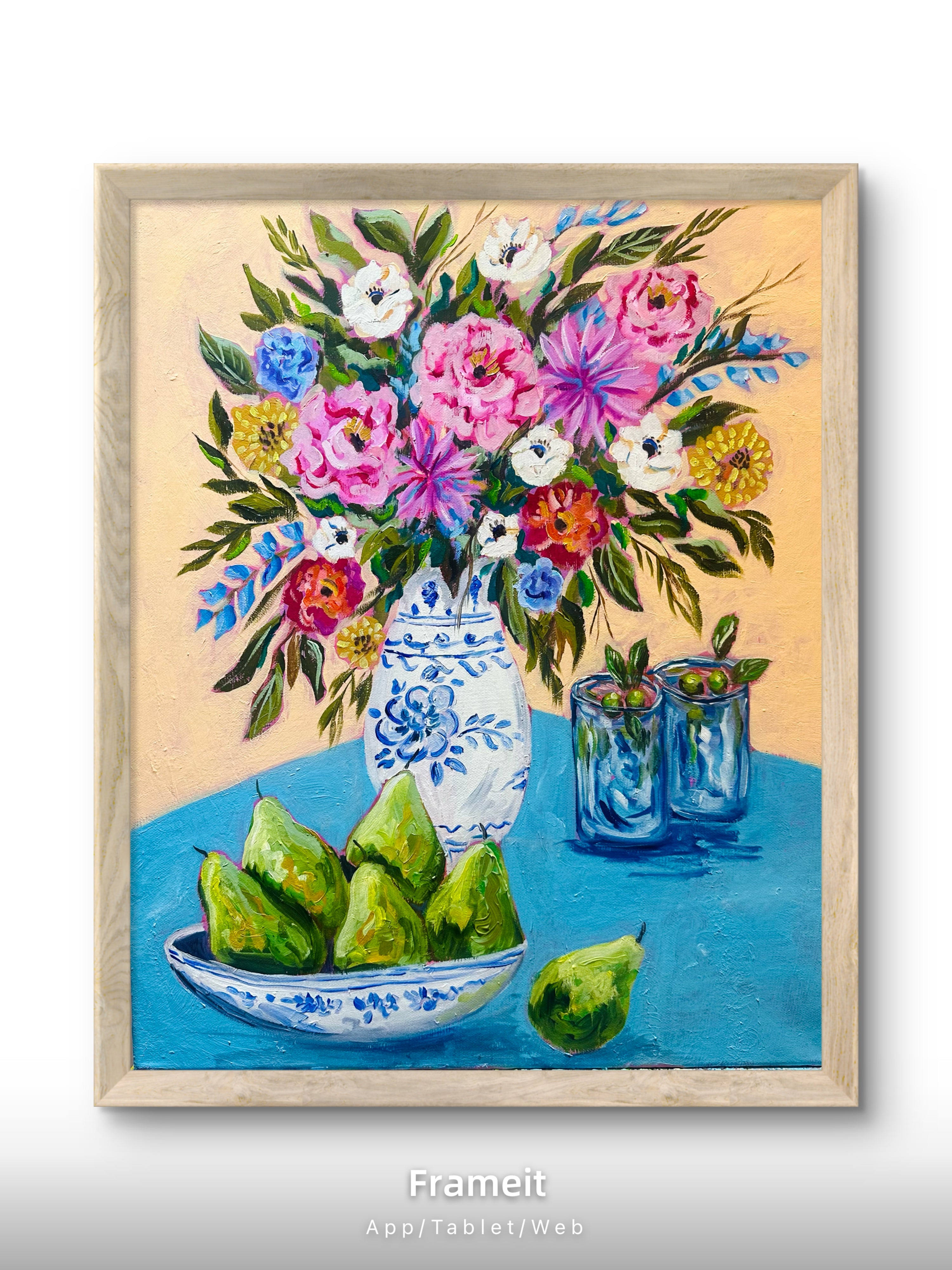 Print of an original mixed media painting-Pears and martini with flowers art print