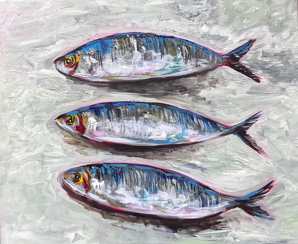 Three Sardines Original Acrylic Painting | Colourful Fish Art | Kitchen Wall Art | Textured Impasto Artwork