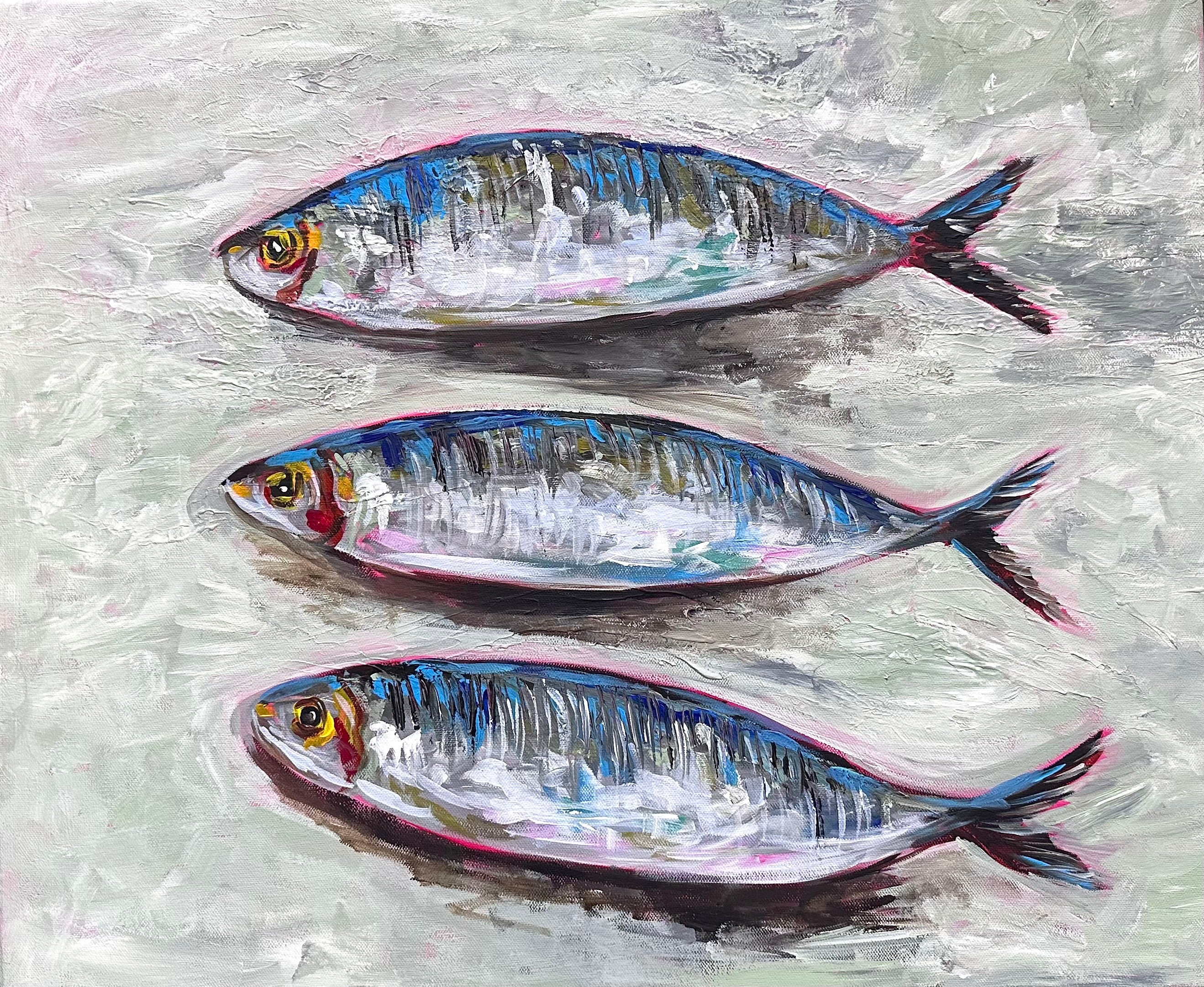 Three Sardines Original Acrylic Painting | Colourful Fish Art | Kitchen Wall Art | Textured Impasto Artwork
