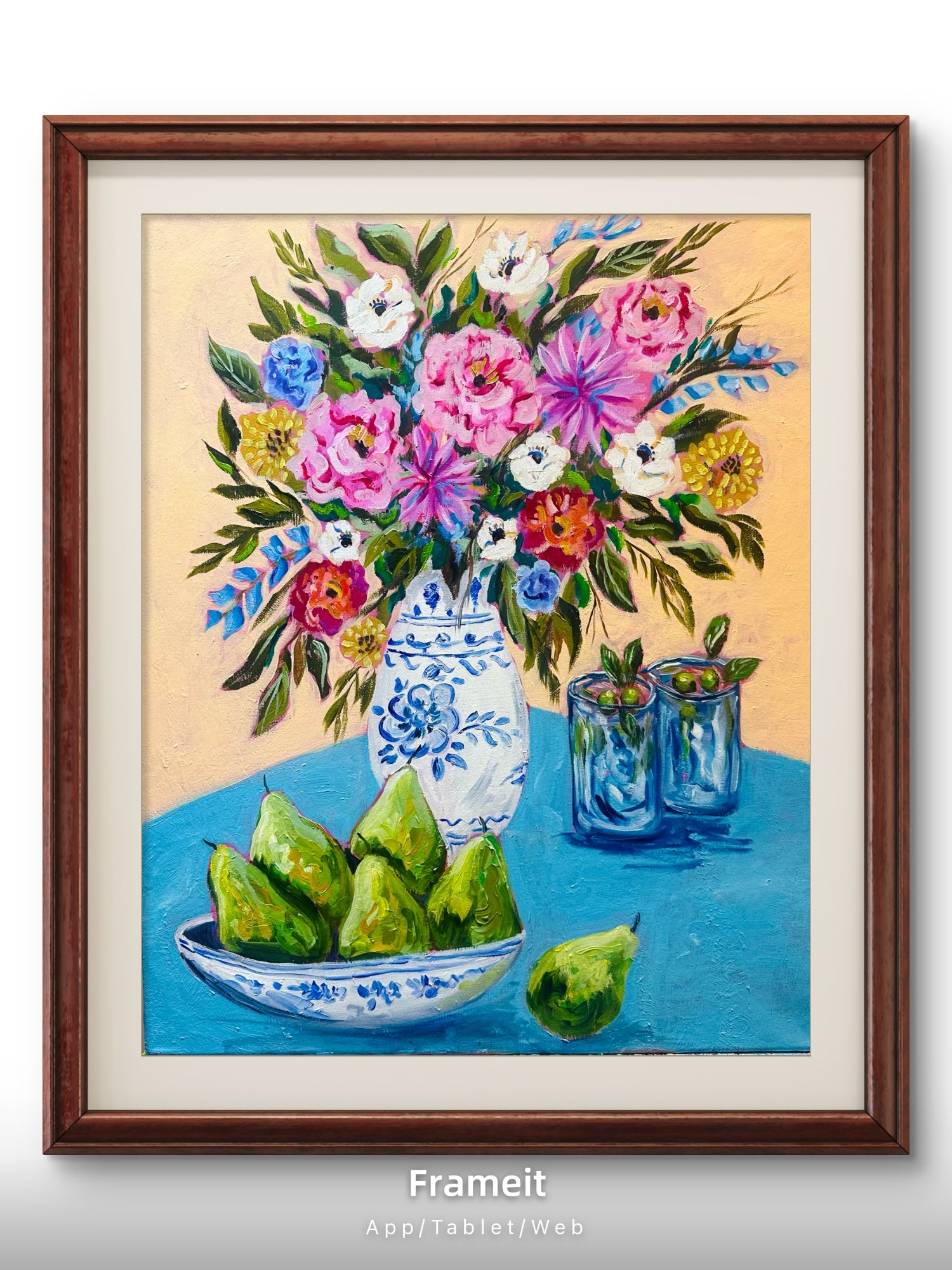 Print of an original mixed media painting-Pears and martini with flowers art print