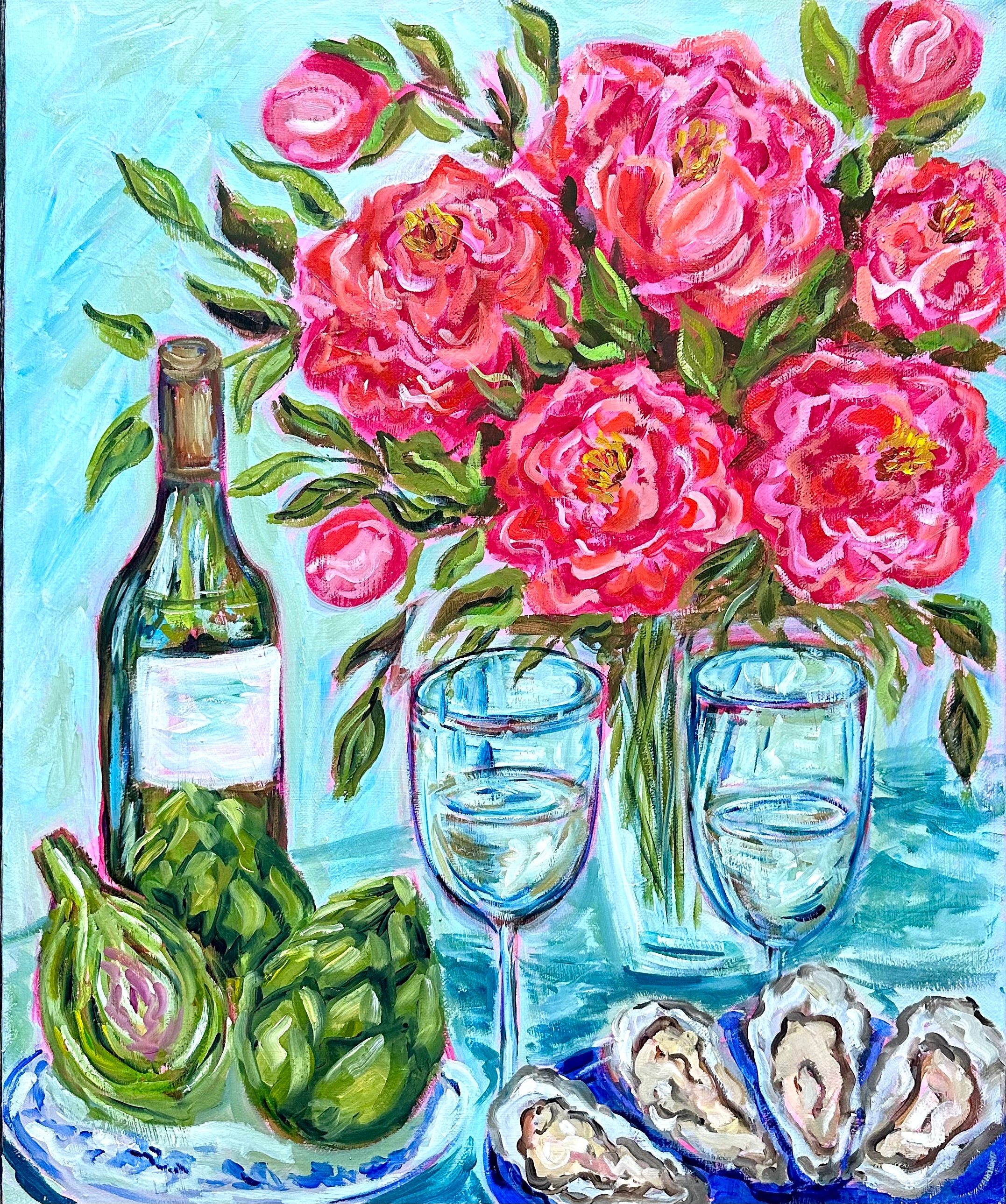 Vibrant Peony Wine Still Life Painting | Oysters, Artichokes, Floral Kitchen Wall Art