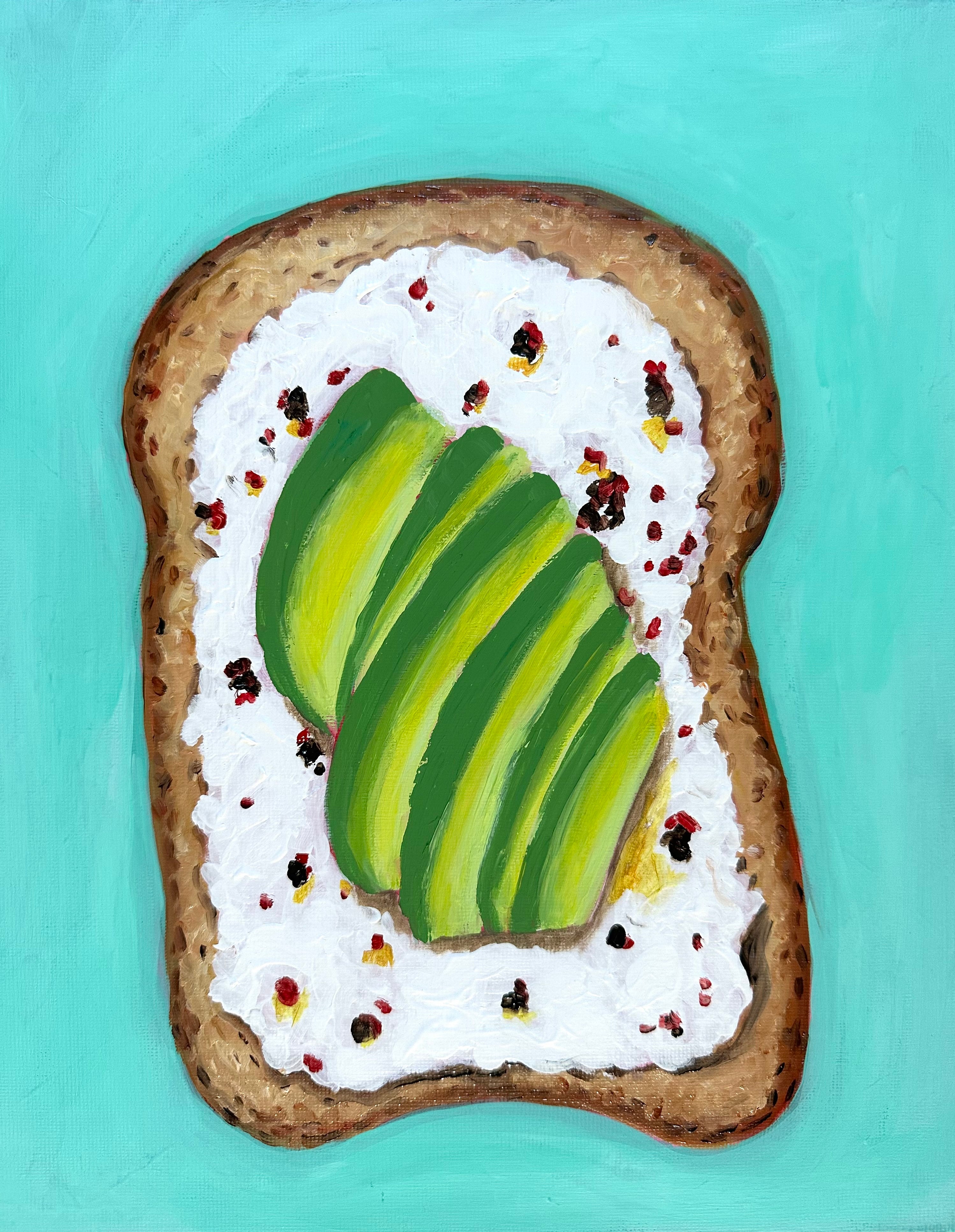 Original Avocado Toast Painting – Textured Food Still Life Kitchen Art