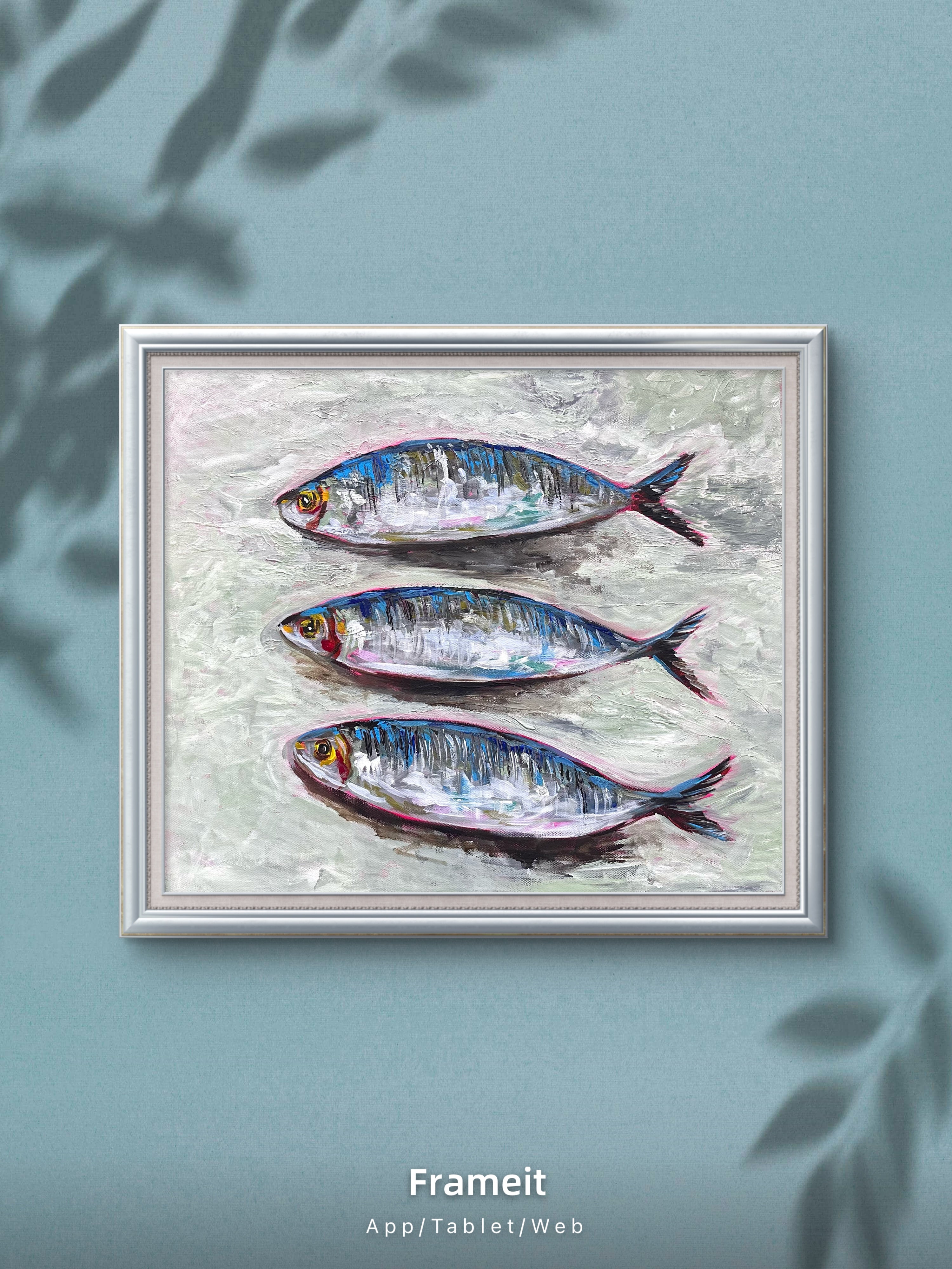 Three Sardines Original Acrylic Painting | Colourful Fish Art | Kitchen Wall Art | Textured Impasto Artwork