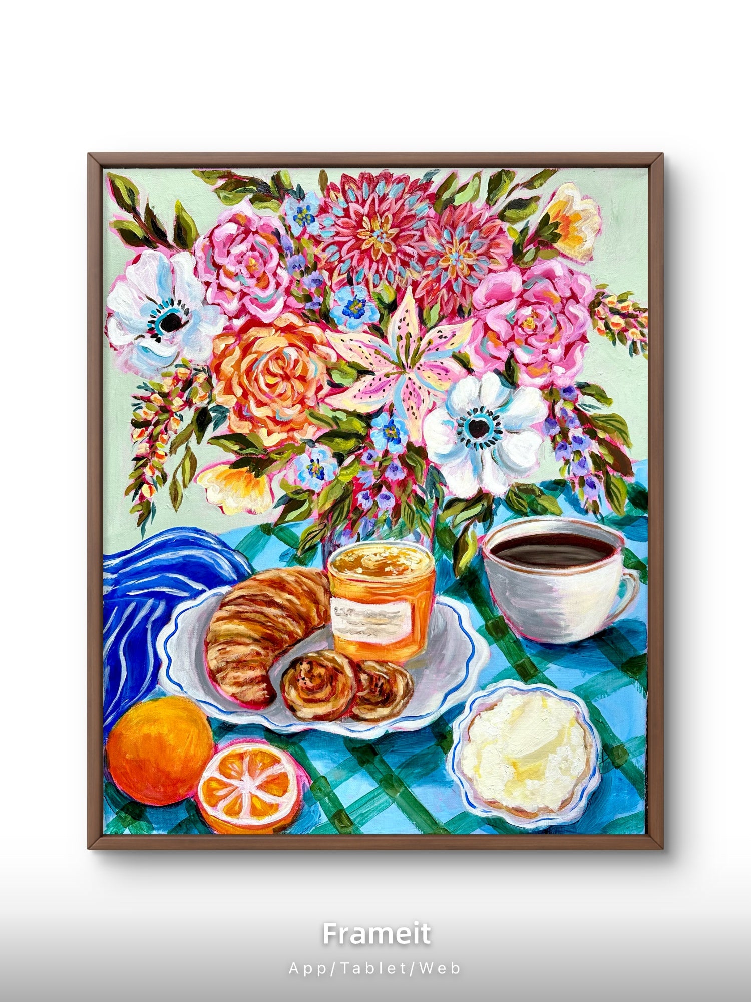 Original Mixed Media Painting: Coffee, Croissant, Flowers, Orange | Bright Kitchen Wall Art