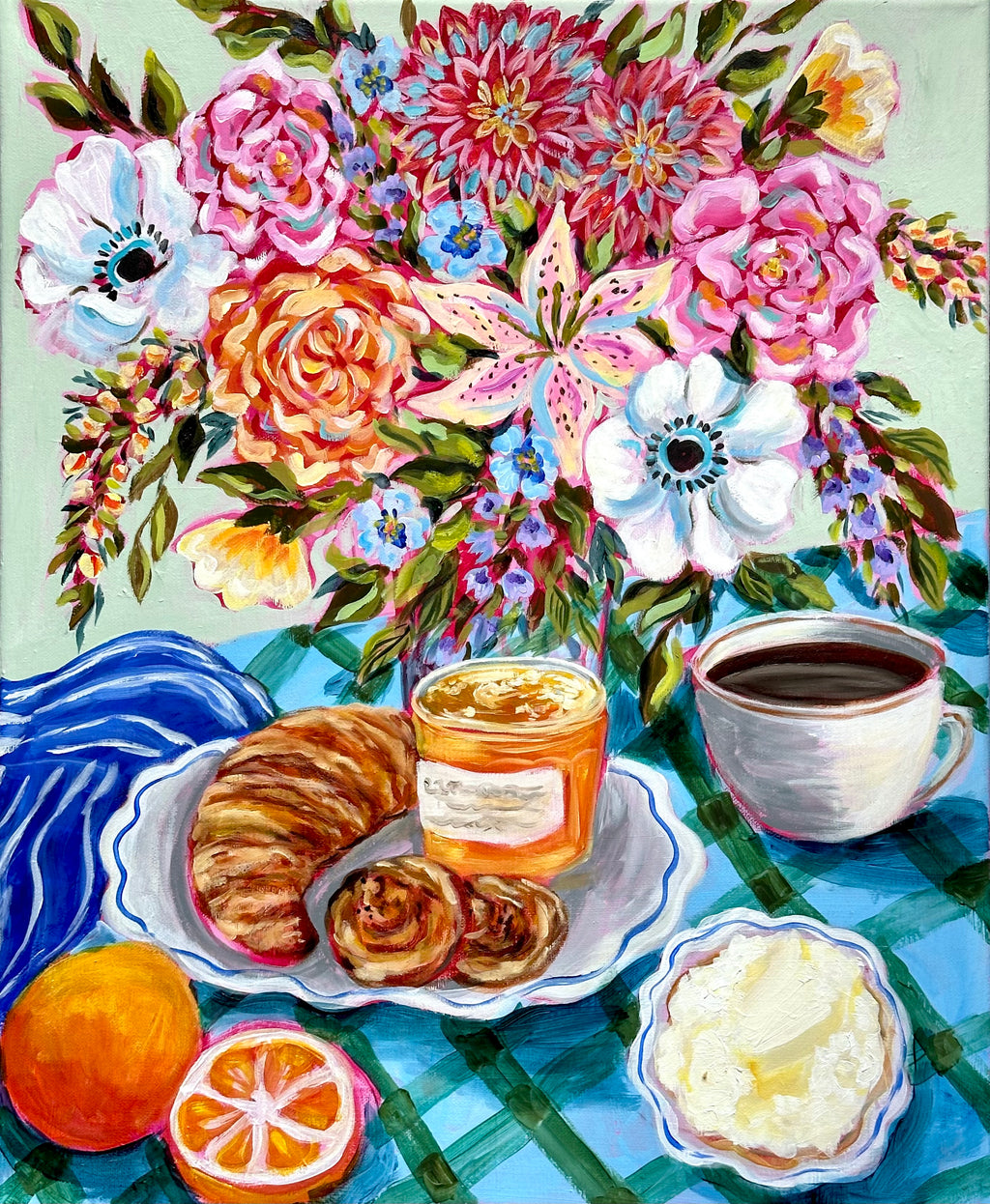 Original Mixed Media Painting: Coffee, Croissant, Flowers, Orange | Bright Kitchen Wall Art