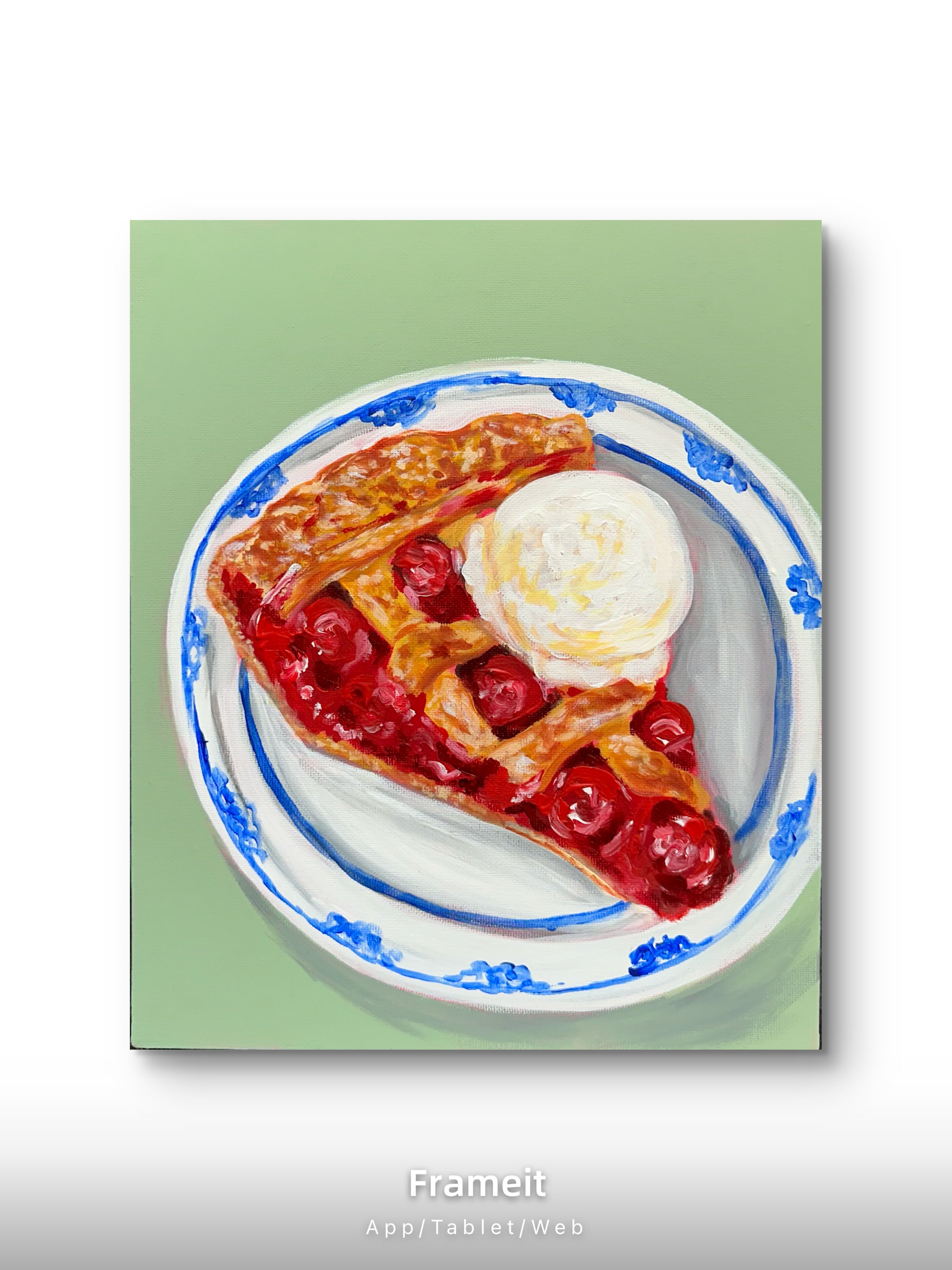 Original Cherry Pie Ice Cream Painting | Mixed Media Dessert Food Art