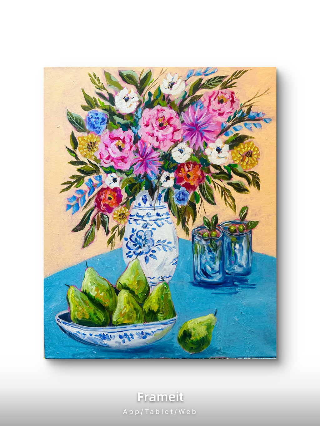 Print of an original mixed media painting-Pears and martini with flowers art print