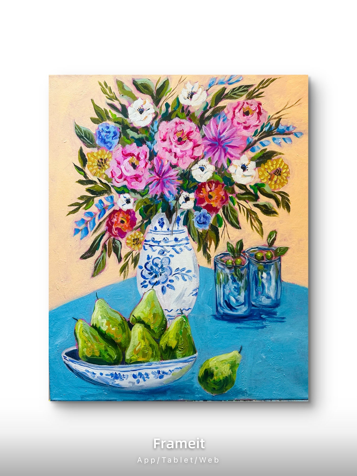 Print of an original mixed media painting-Pears and martini with flowers art print