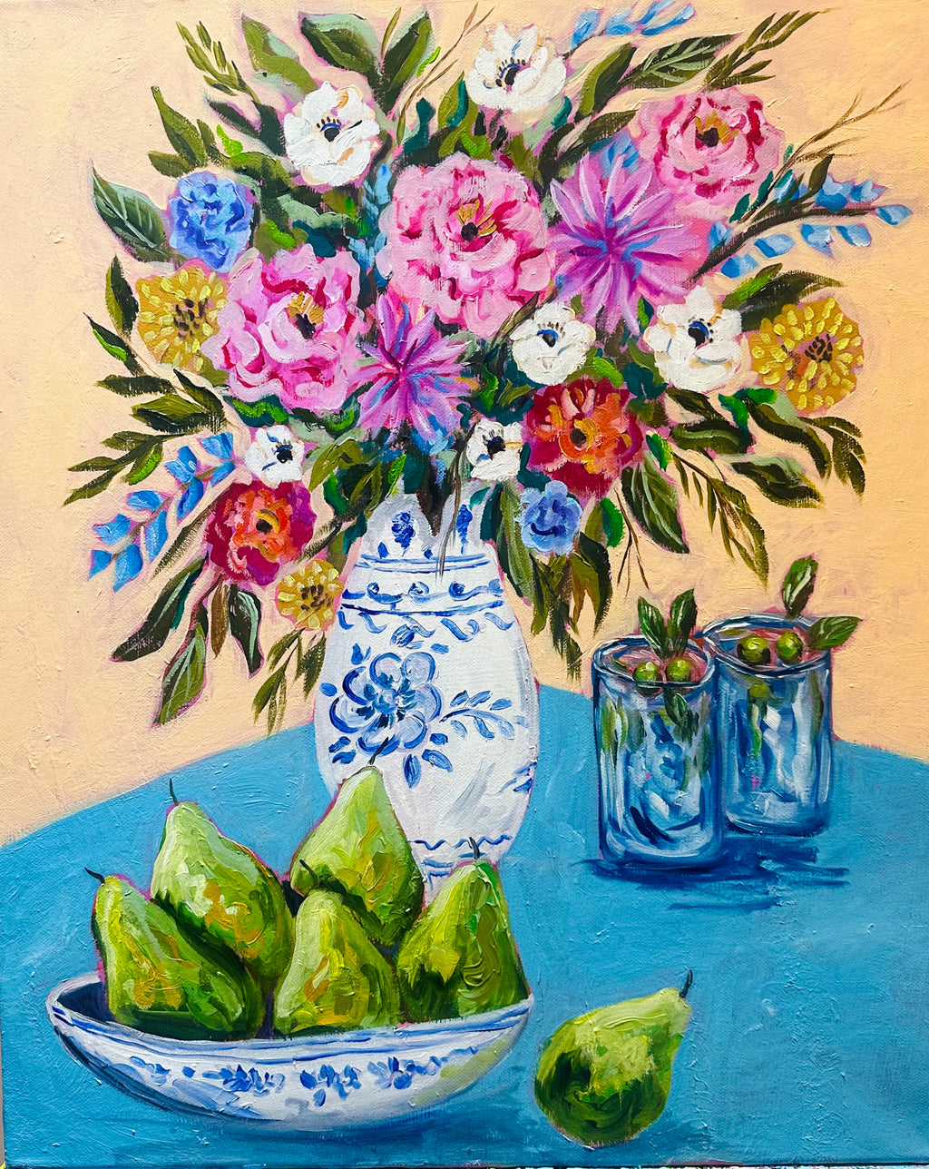 Print of an original mixed media painting-Pears and martini with flowers art print