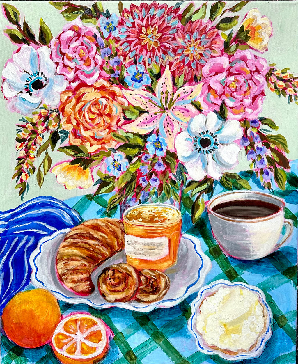 Original Mixed Media Painting: Coffee, Croissant, Flowers, Orange | Bright Kitchen Wall Art