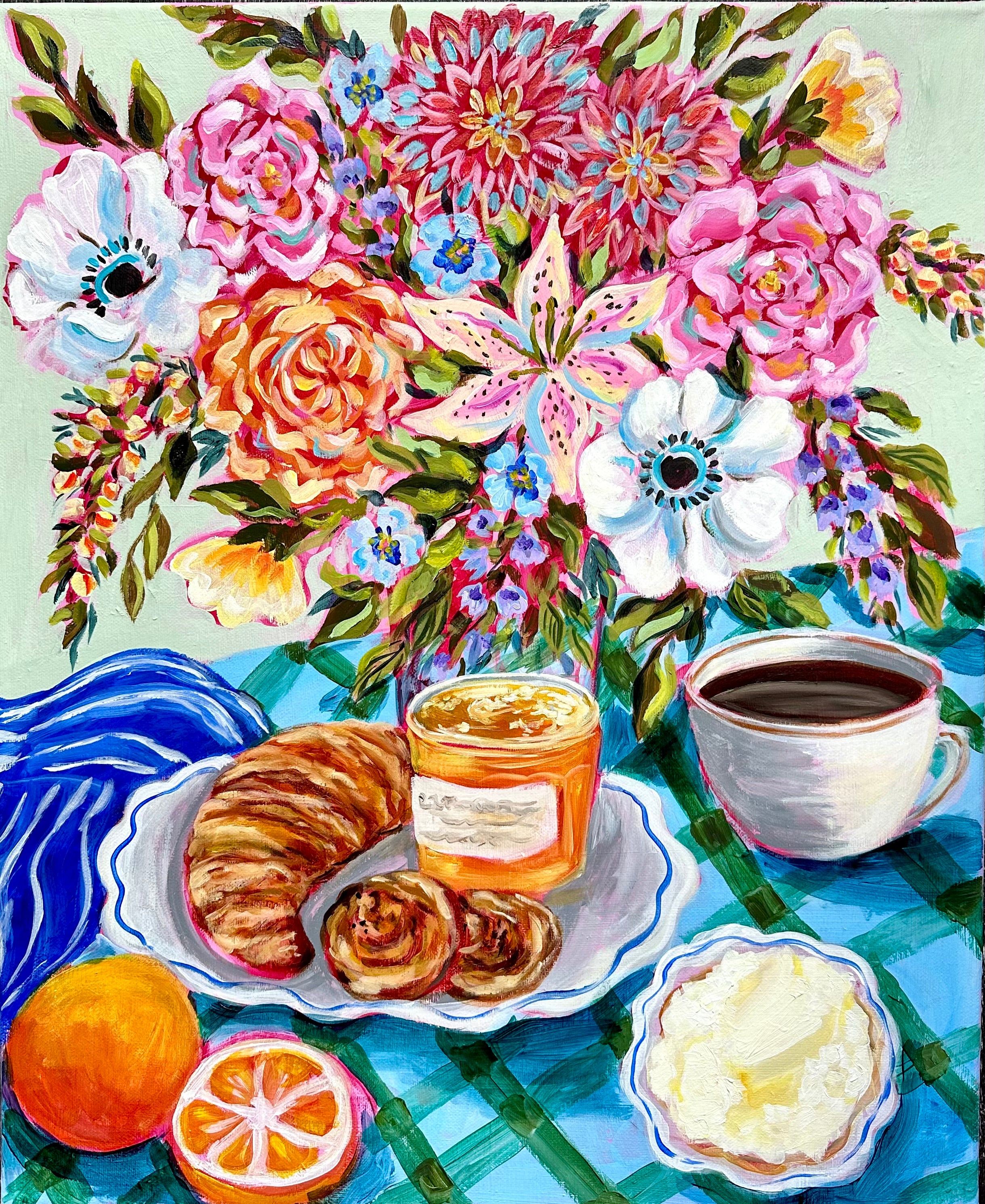 Original Mixed Media Painting: Coffee, Croissant, Flowers, Orange | Bright Kitchen Wall Art