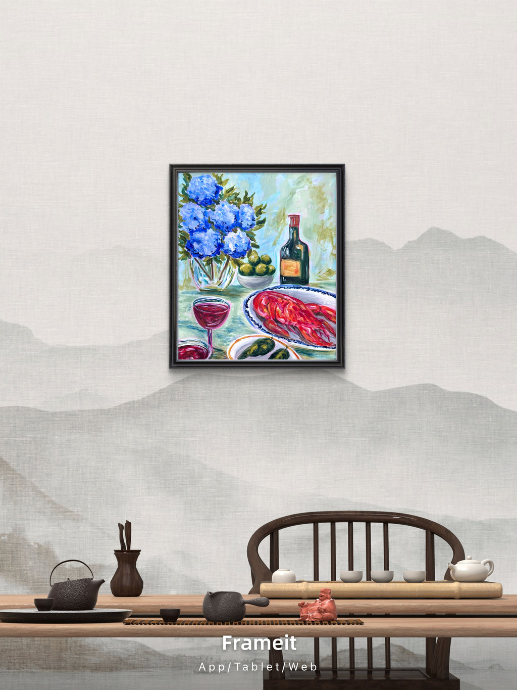 Blue Hydrangea & Lobster Still Life | Bold Colourful Acrylic Painting | Coastal Kitchen Art | Original Artwork
