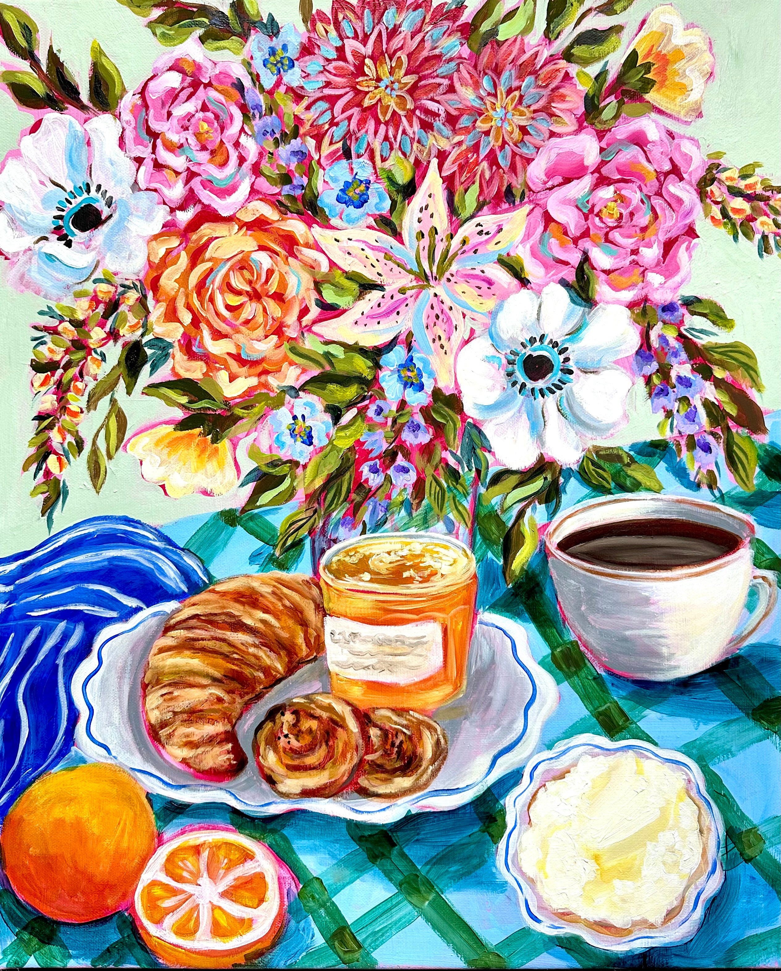 Original Mixed Media Painting: Coffee, Croissant, Flowers, Orange | Bright Kitchen Wall Art