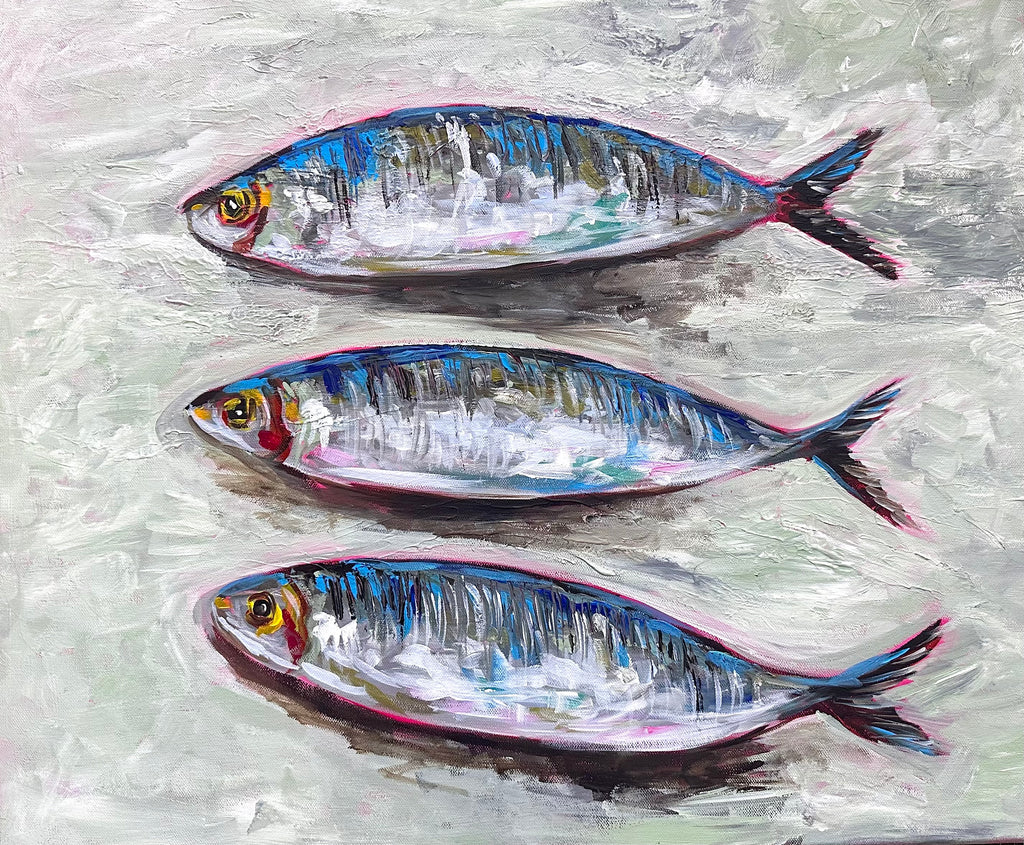 Three Sardines Original Acrylic Painting | Colourful Fish Art | Kitchen Wall Art | Textured Impasto Artwork