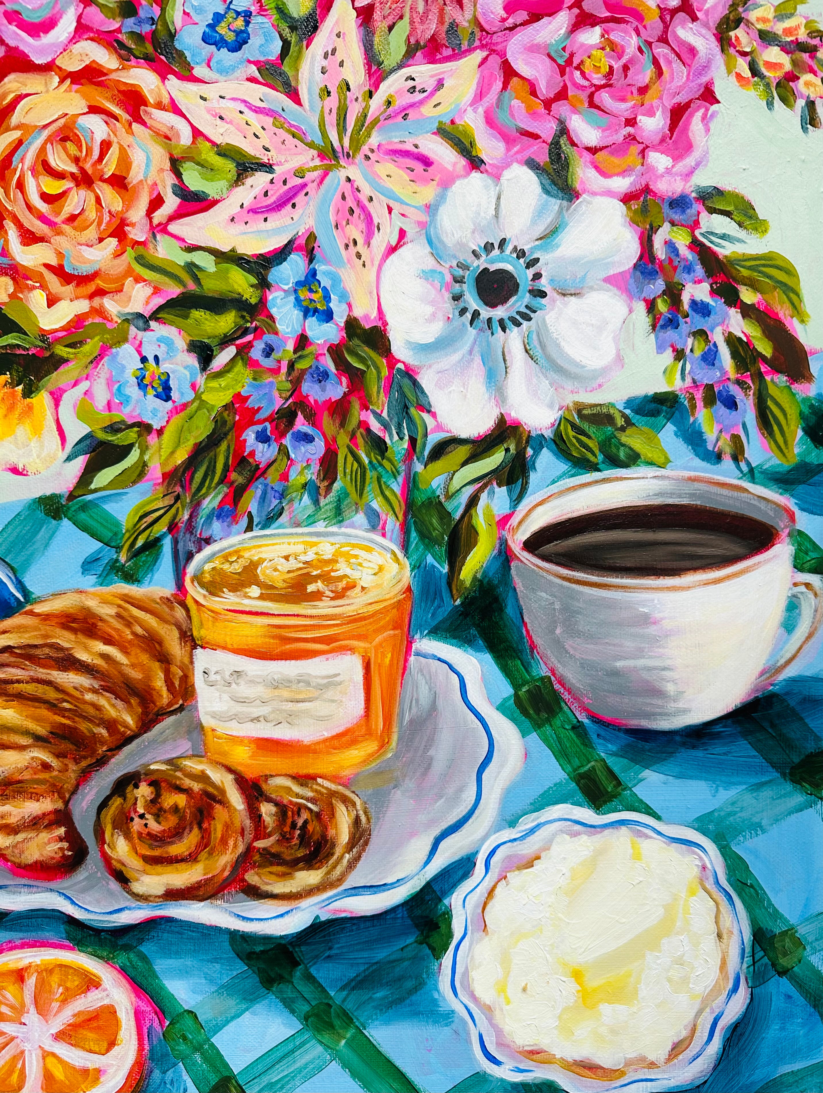 Original Mixed Media Painting: Coffee, Croissant, Flowers, Orange | Bright Kitchen Wall Art