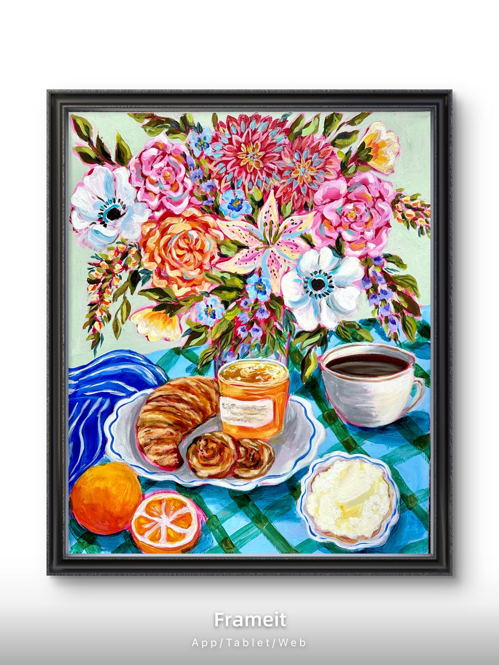 Original Mixed Media Painting: Coffee, Croissant, Flowers, Orange | Bright Kitchen Wall Art