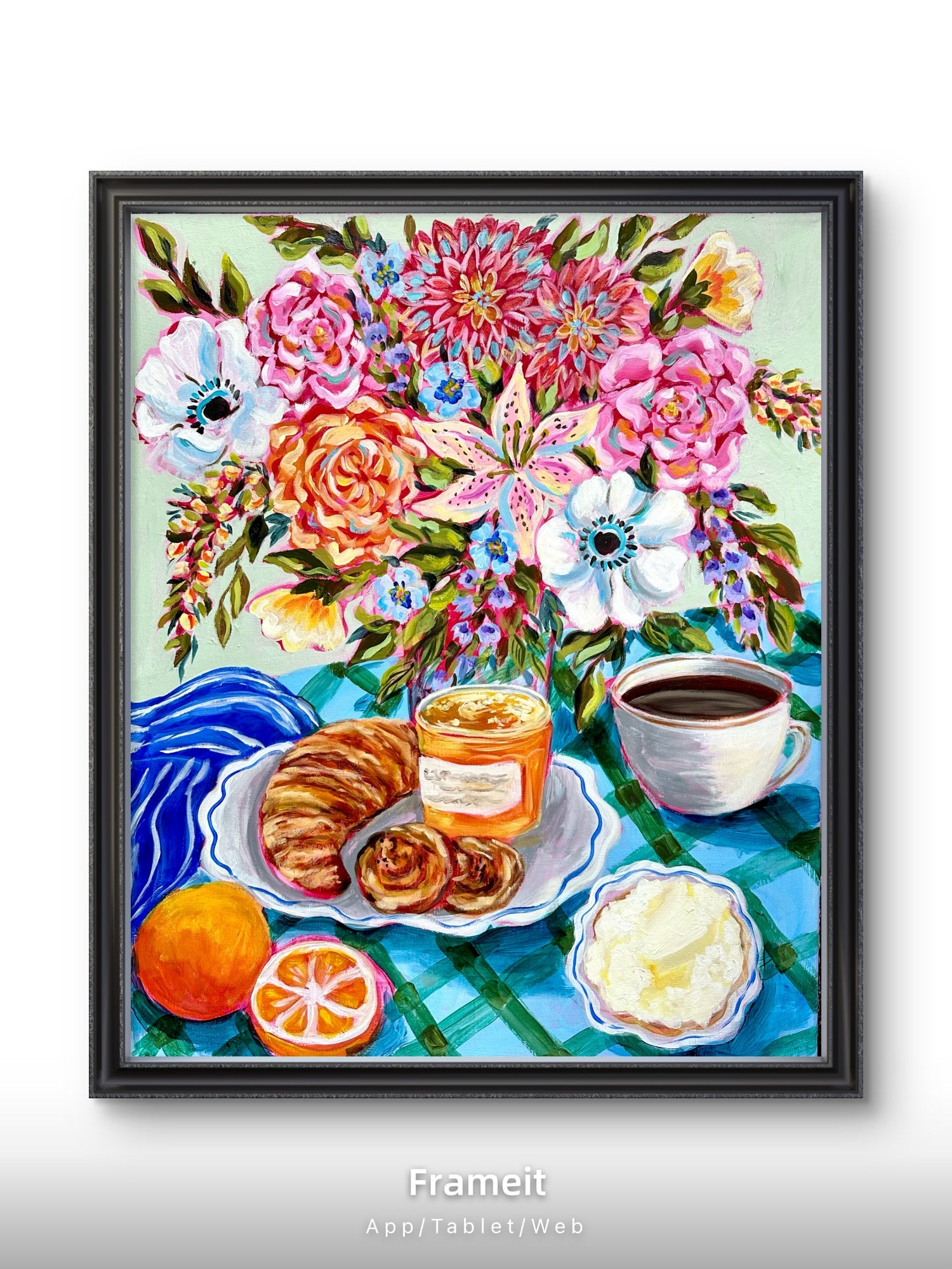 Original Mixed Media Painting: Coffee, Croissant, Flowers, Orange | Bright Kitchen Wall Art