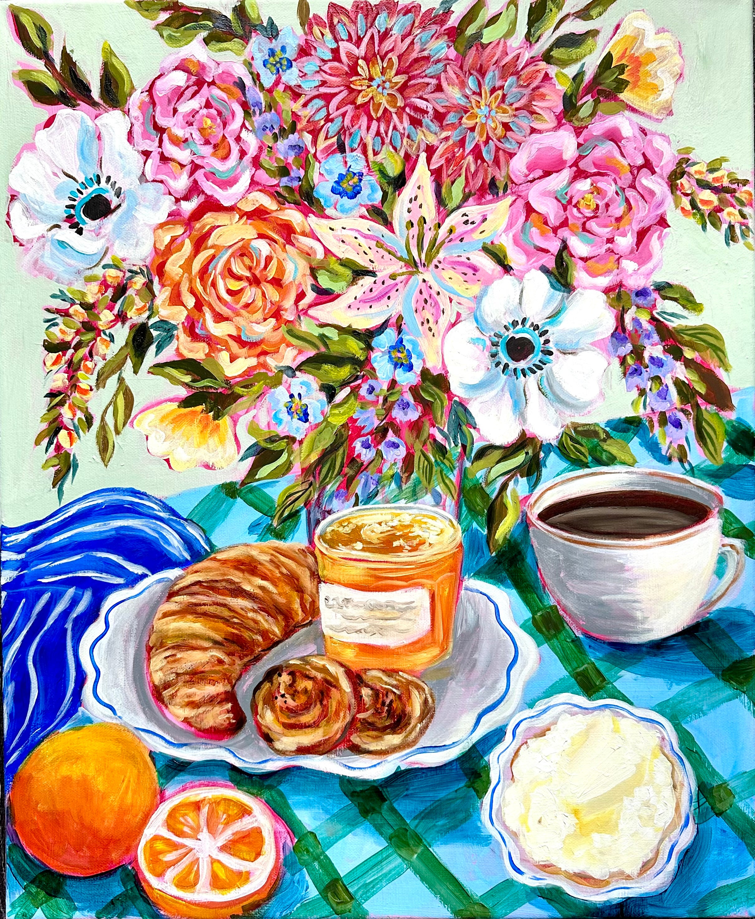Original Mixed Media Painting: Coffee, Croissant, Flowers, Orange | Bright Kitchen Wall Art