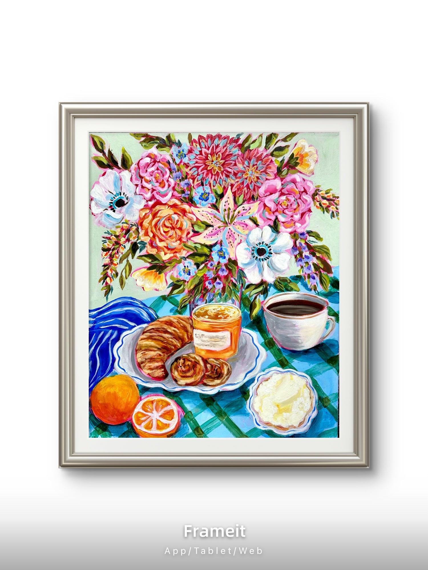 Original Mixed Media Painting: Coffee, Croissant, Flowers, Orange | Bright Kitchen Wall Art