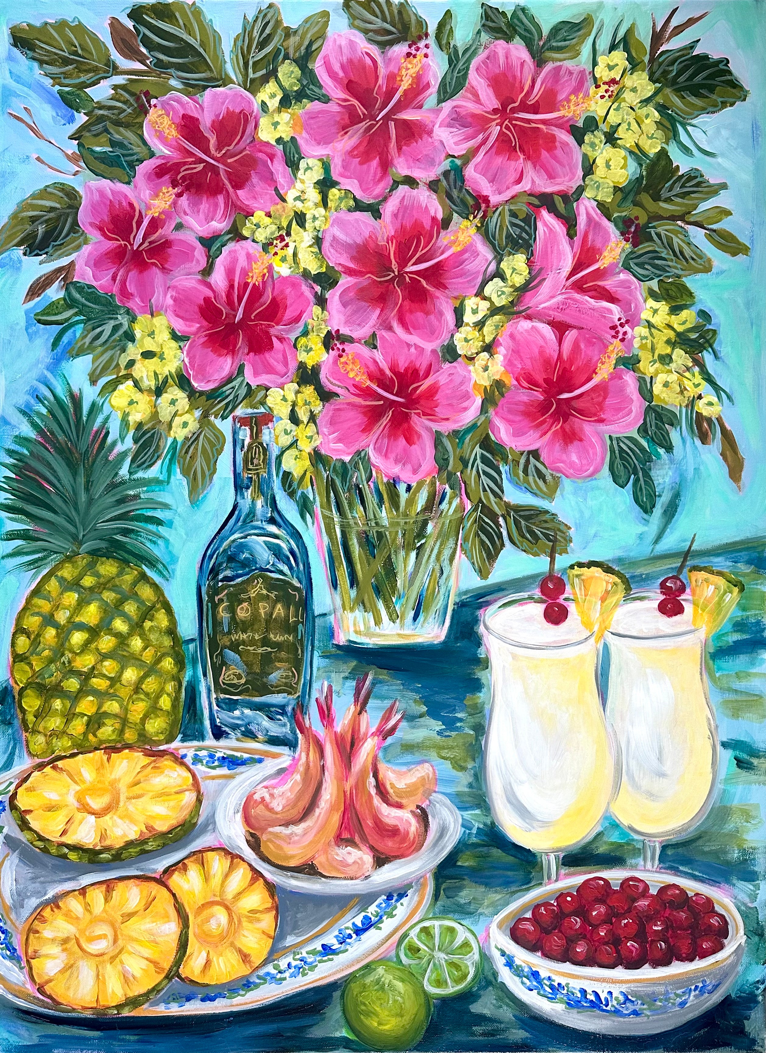 Tropical Hibiscus & Pina colada Still Life Painting - Colorful Fruit Cocktail Art