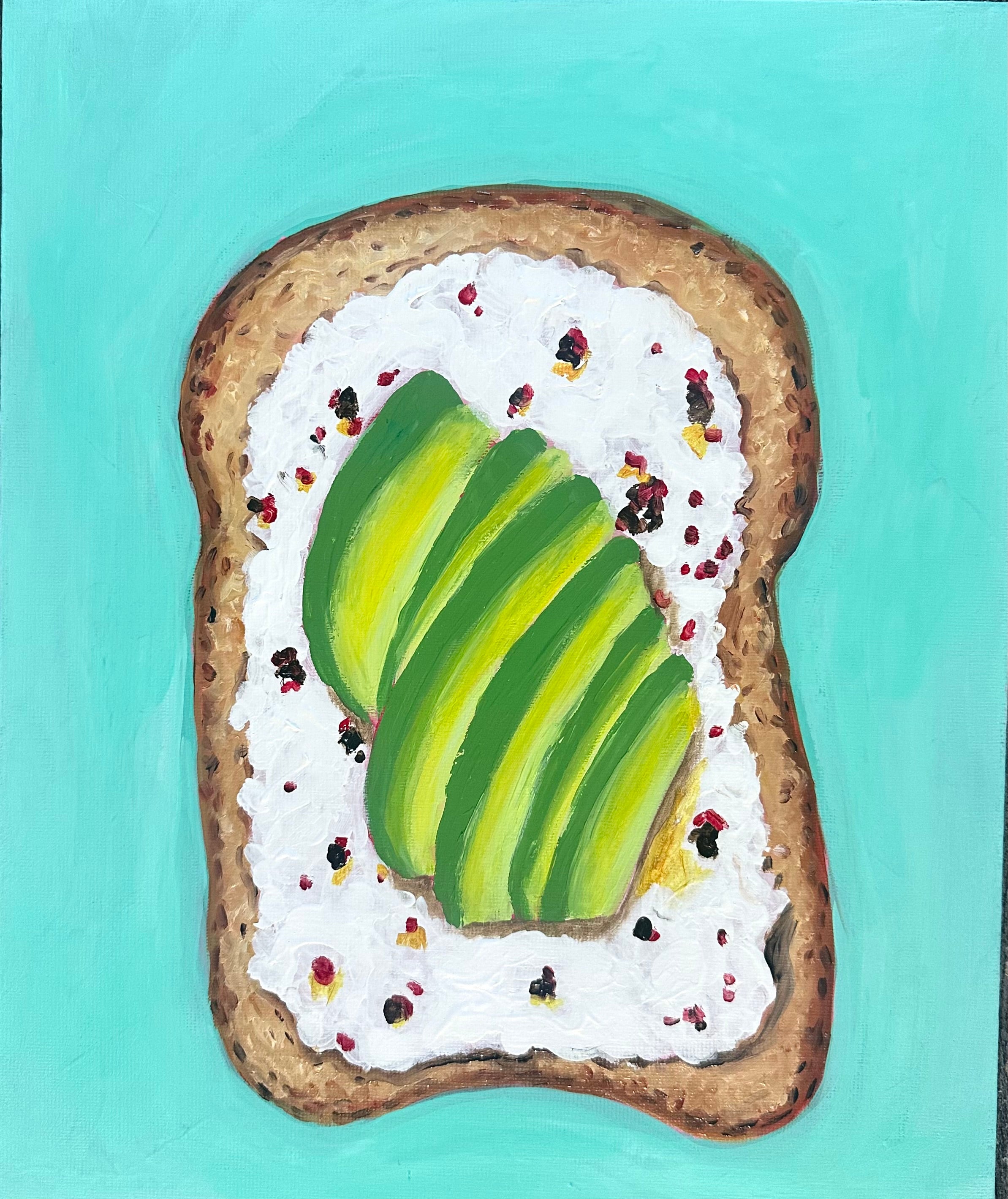 Original Avocado Toast Painting – Textured Food Still Life Kitchen Art