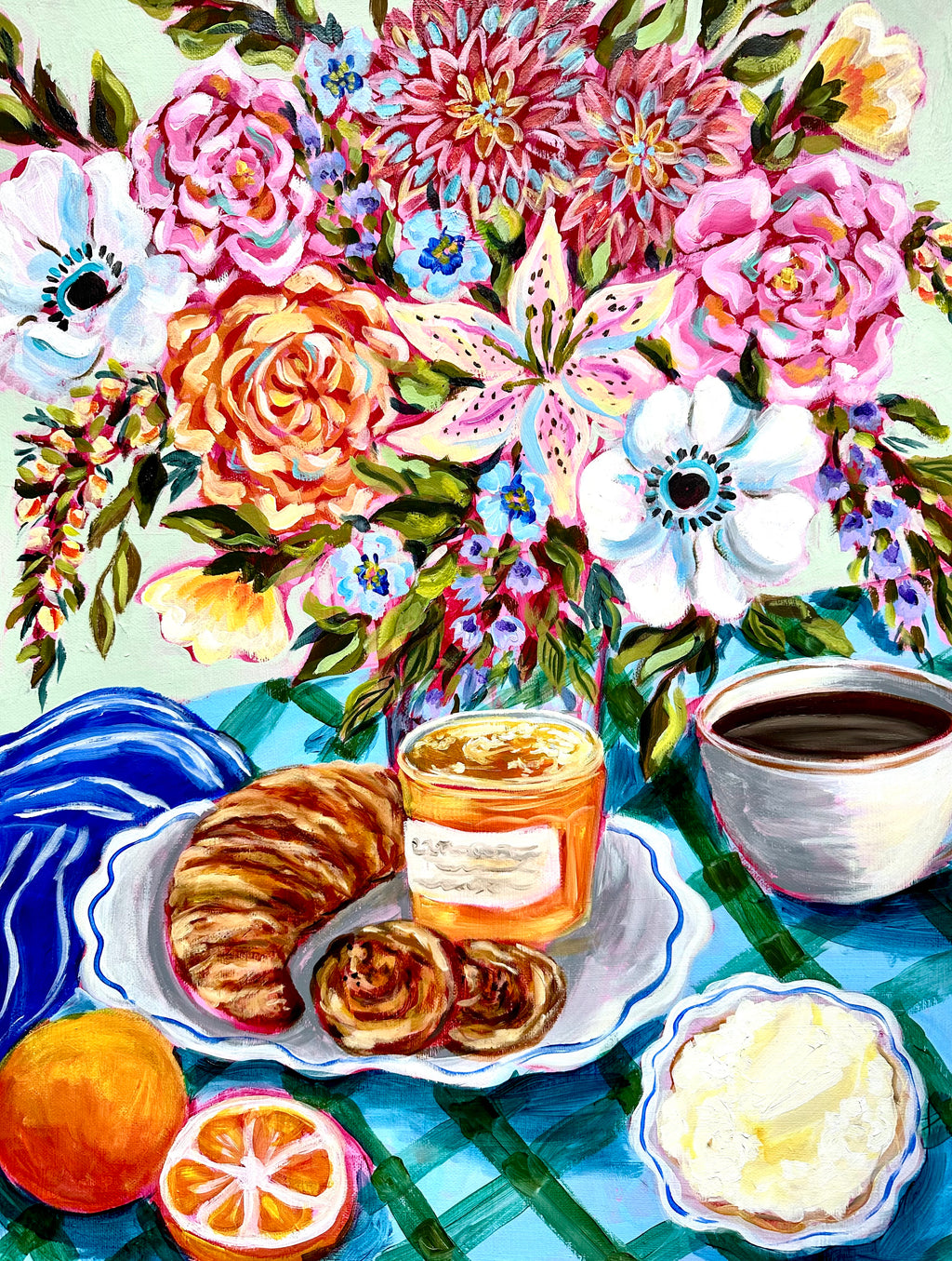 Original Mixed Media Painting: Coffee, Croissant, Flowers, Orange | Bright Kitchen Wall Art