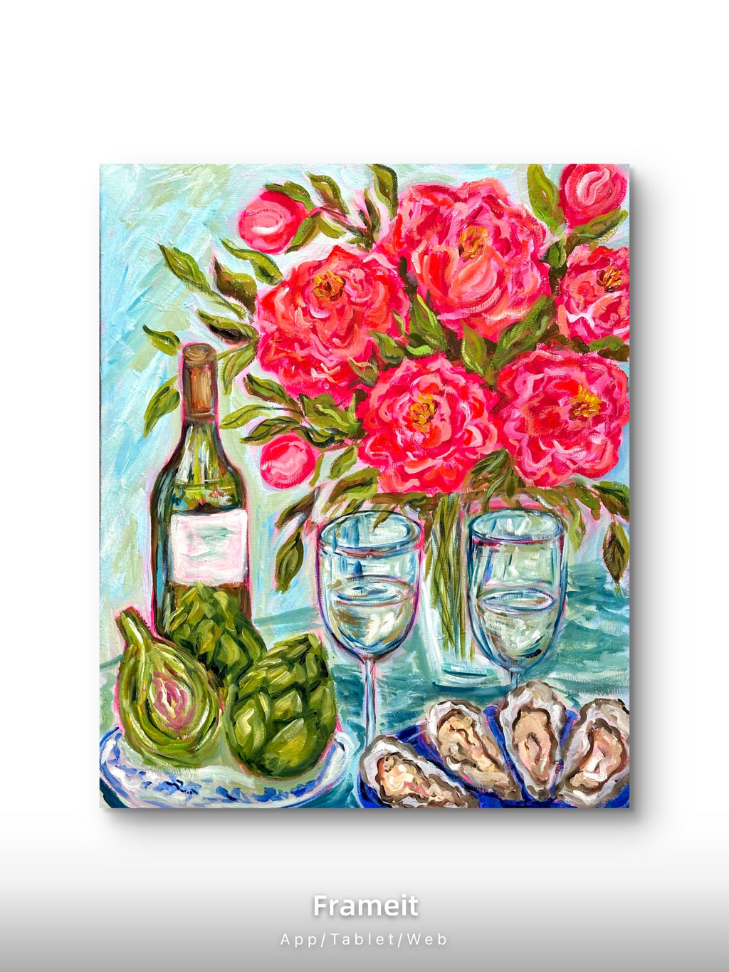 Vibrant Peony Wine Still Life Painting | Oysters, Artichokes, Floral Kitchen Wall Art